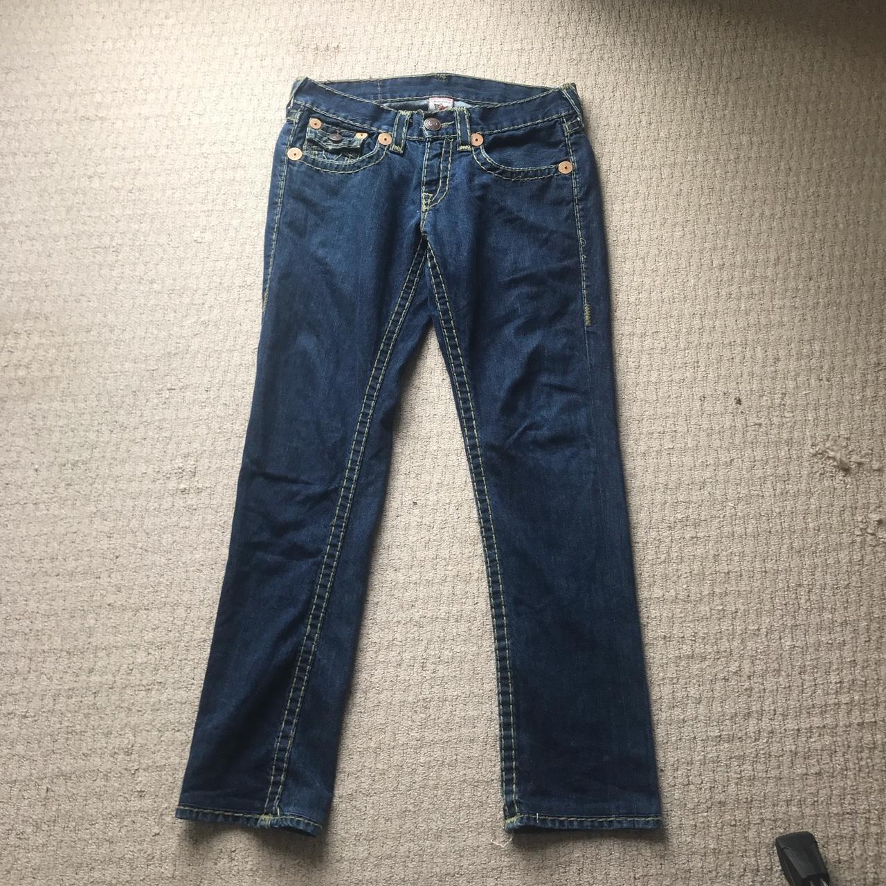 Dark blue yellow stitch true religion jeans Size 30 - Depop