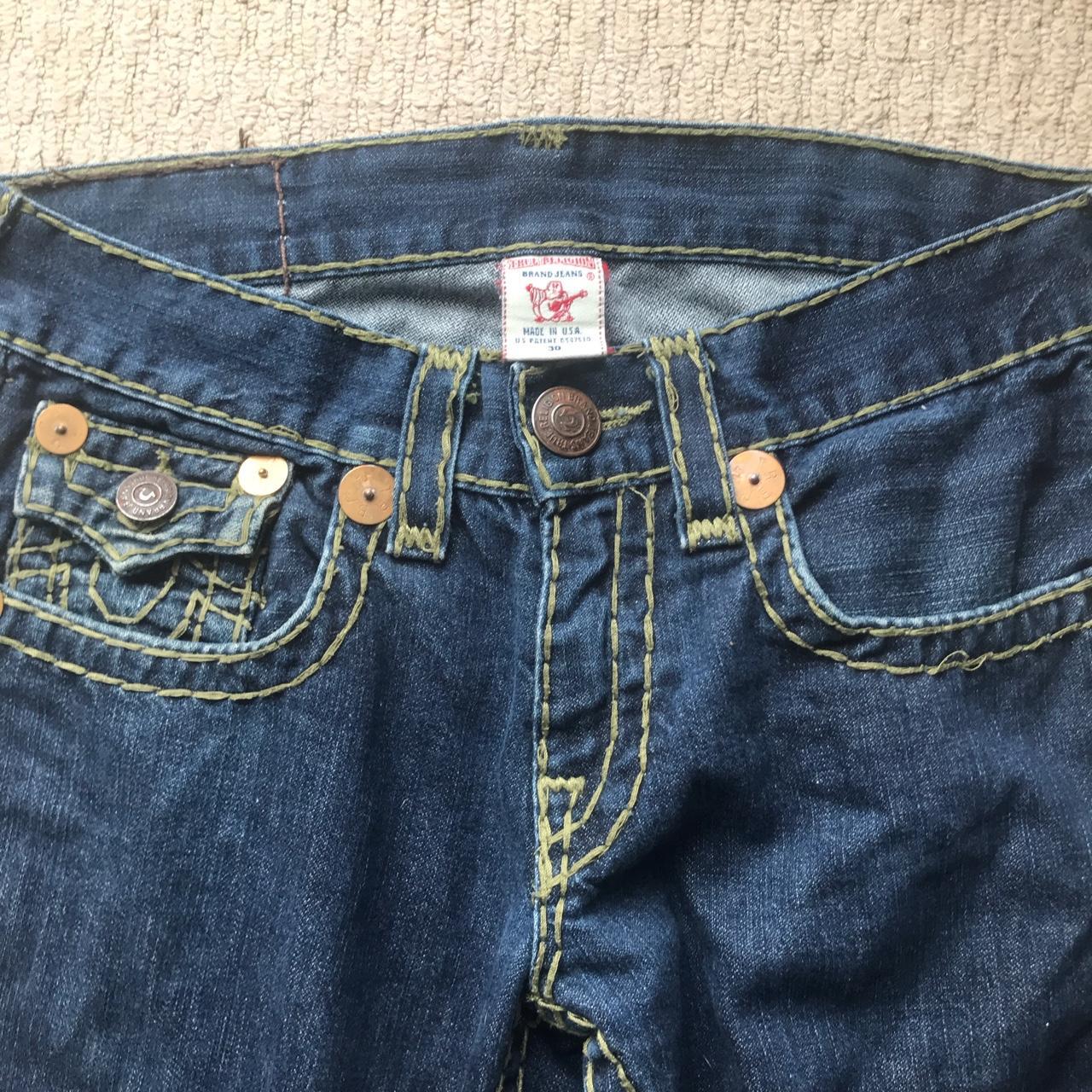 Dark blue yellow stitch true religion jeans Size 30 - Depop