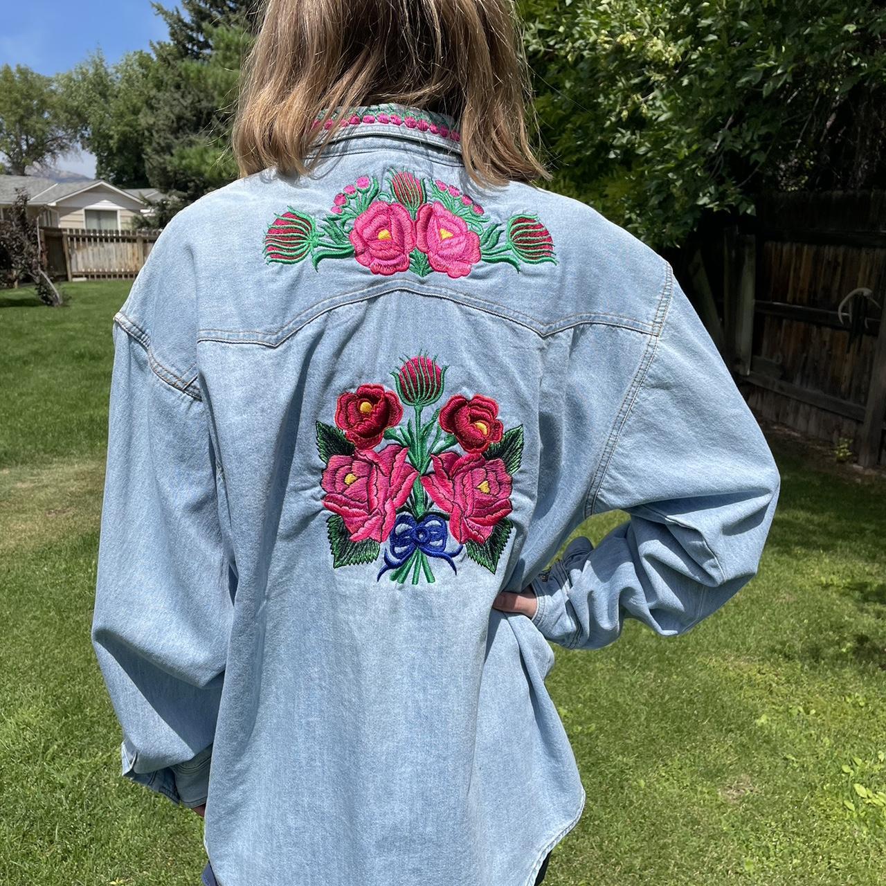 Vintage oversized denim shirt with bright pink... - Depop