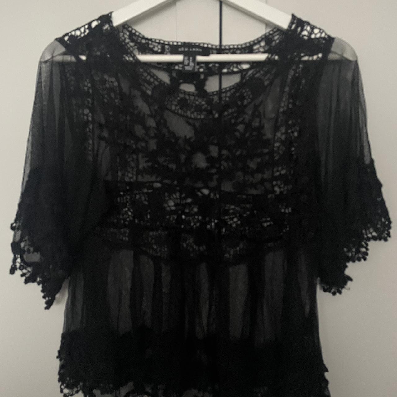 Festival chic black sheer top Crochet detail Size M - Depop