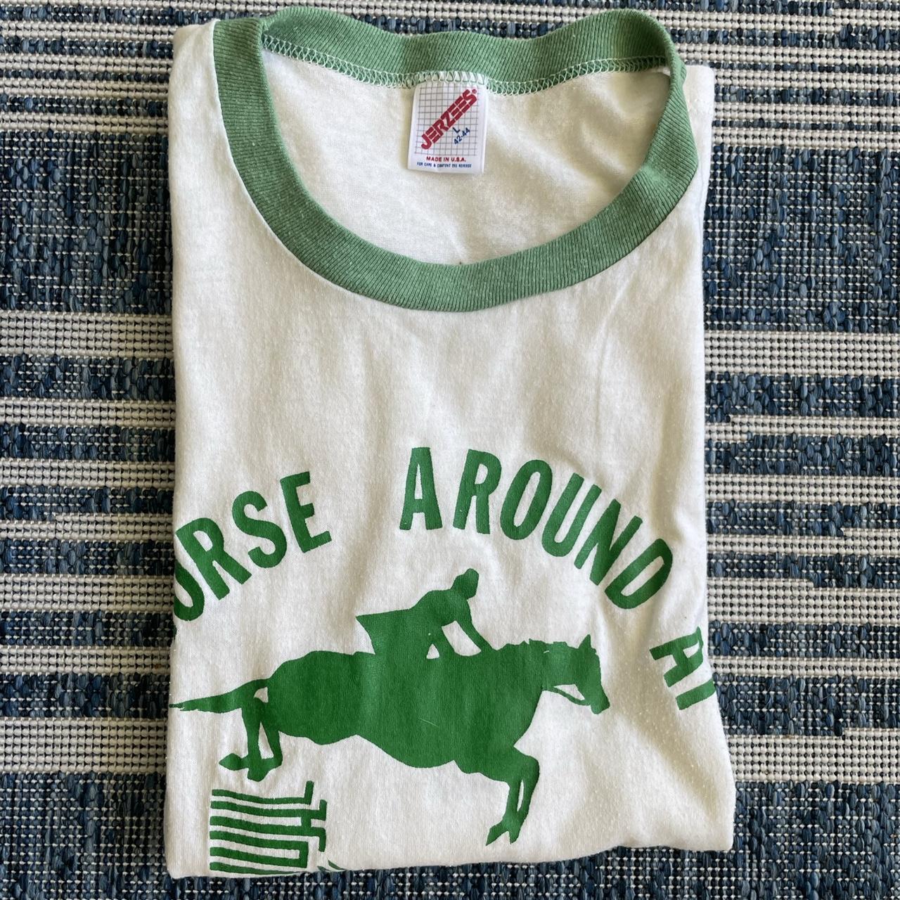 Vintage 1996 Jerzees Made in U.S.A Ringer Tee Horse... - Depop