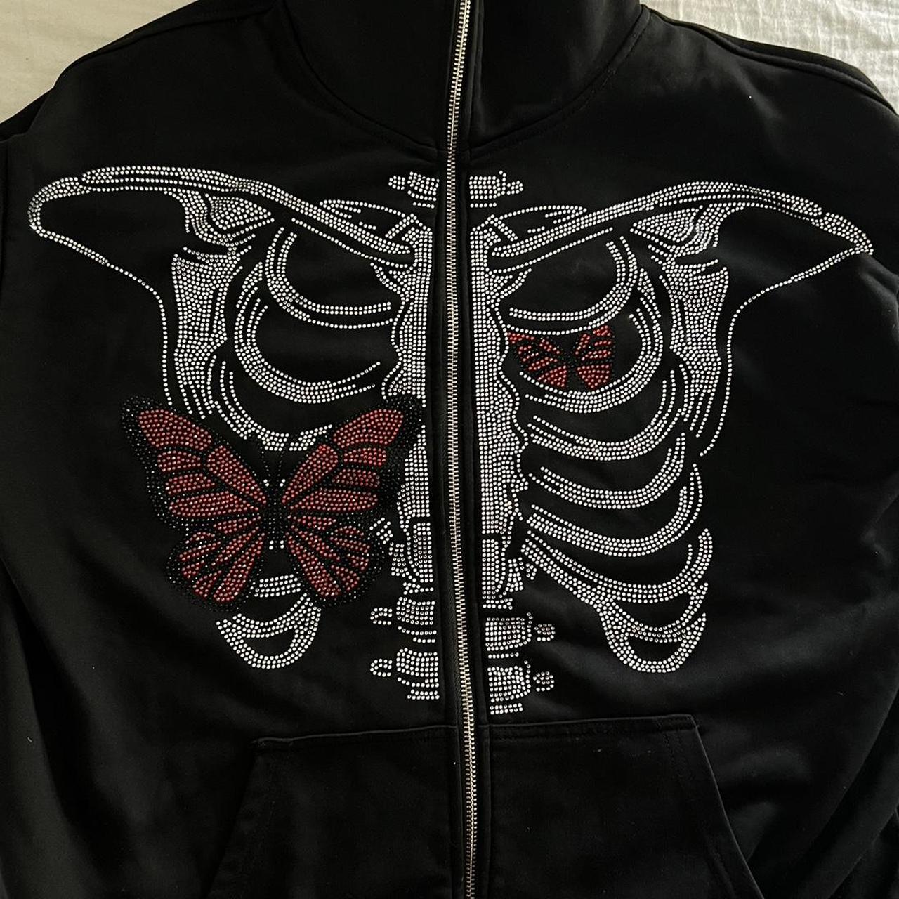 Gothic DNA Bedazzled Skull Butterfly Full Zip... - Depop