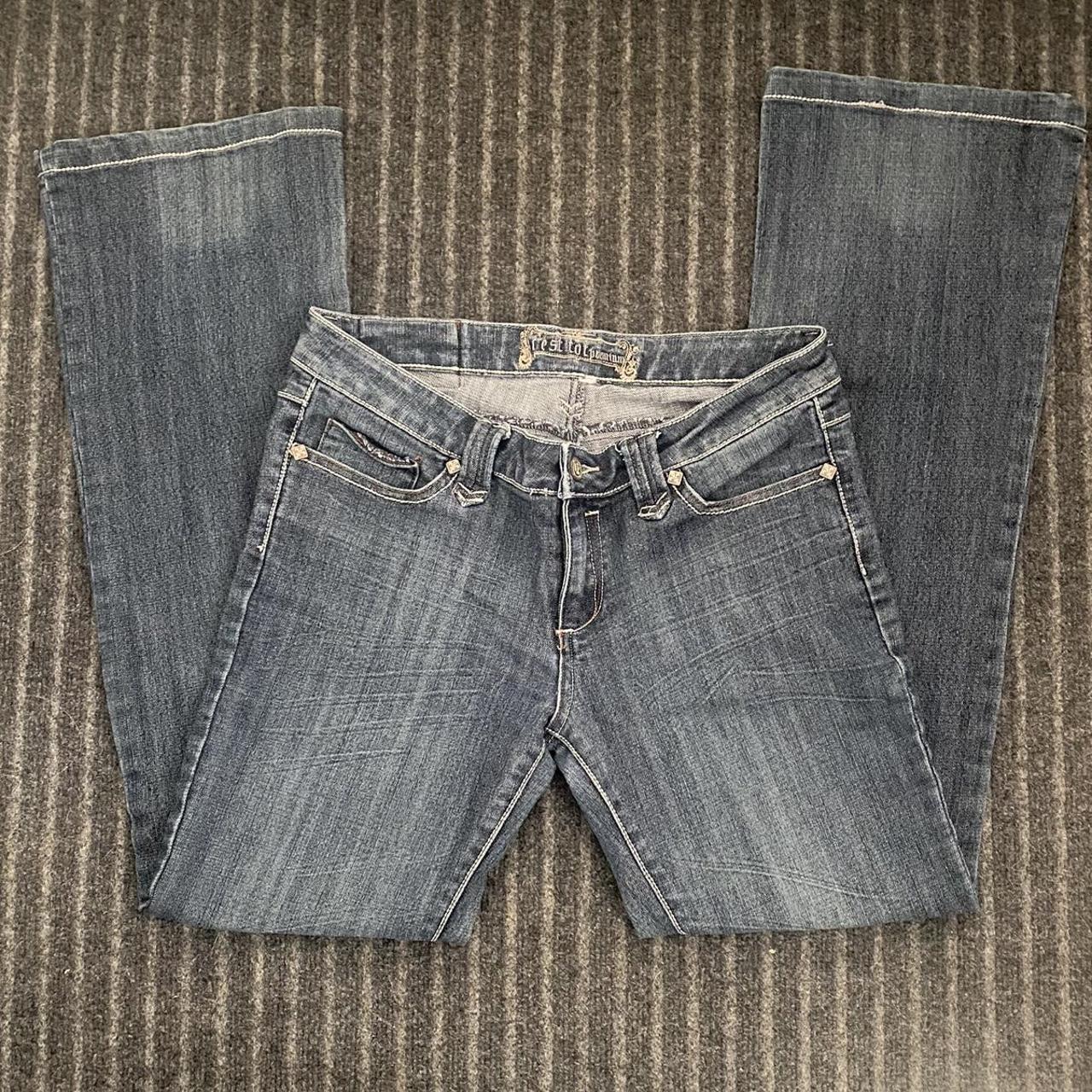 Y2k flare jeans with rhinestone pockets in great... - Depop