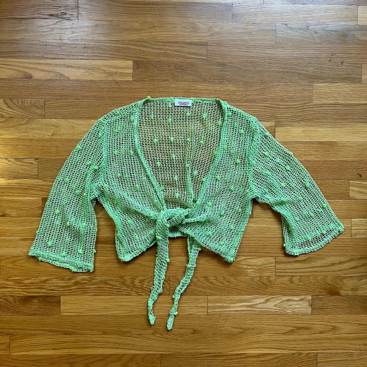 Womens vintage 90s green y2k crochet knit...