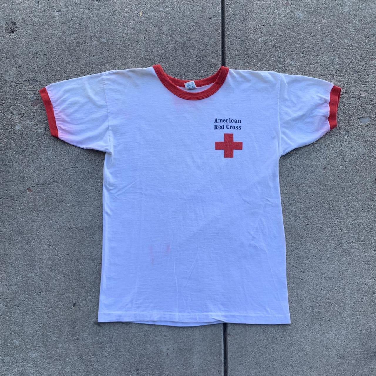 Vintage 80s American Red Cross ringer shirt! Men's L... - Depop