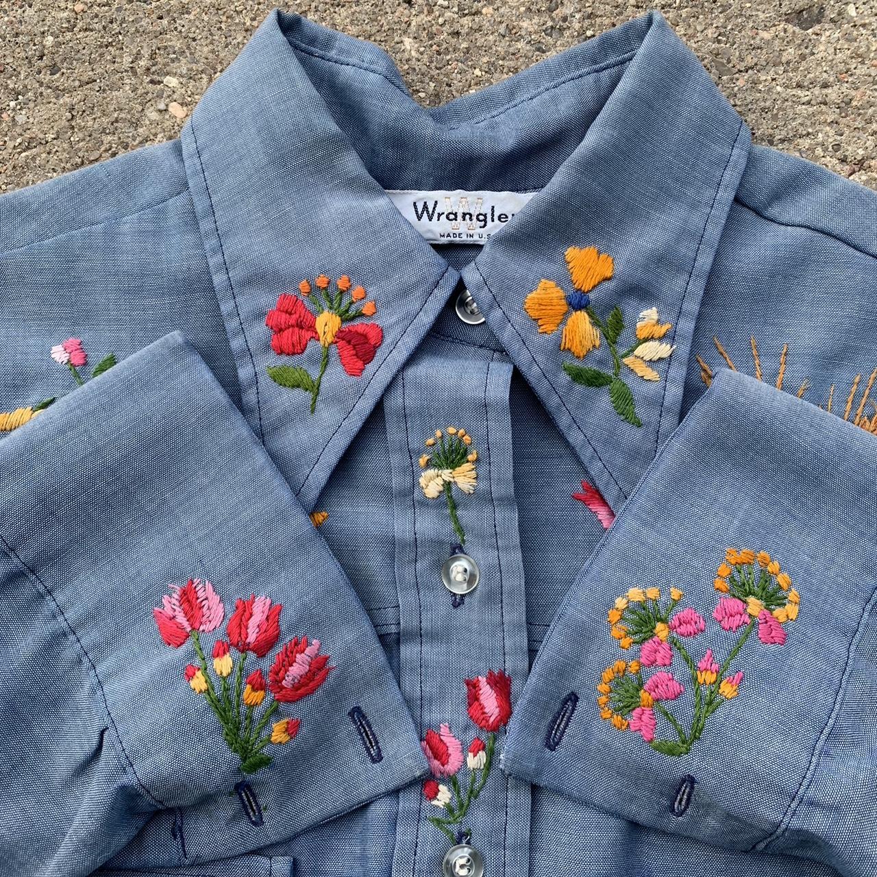 Vintage 70s Wrangler chambray embroidered shirt!... - Depop