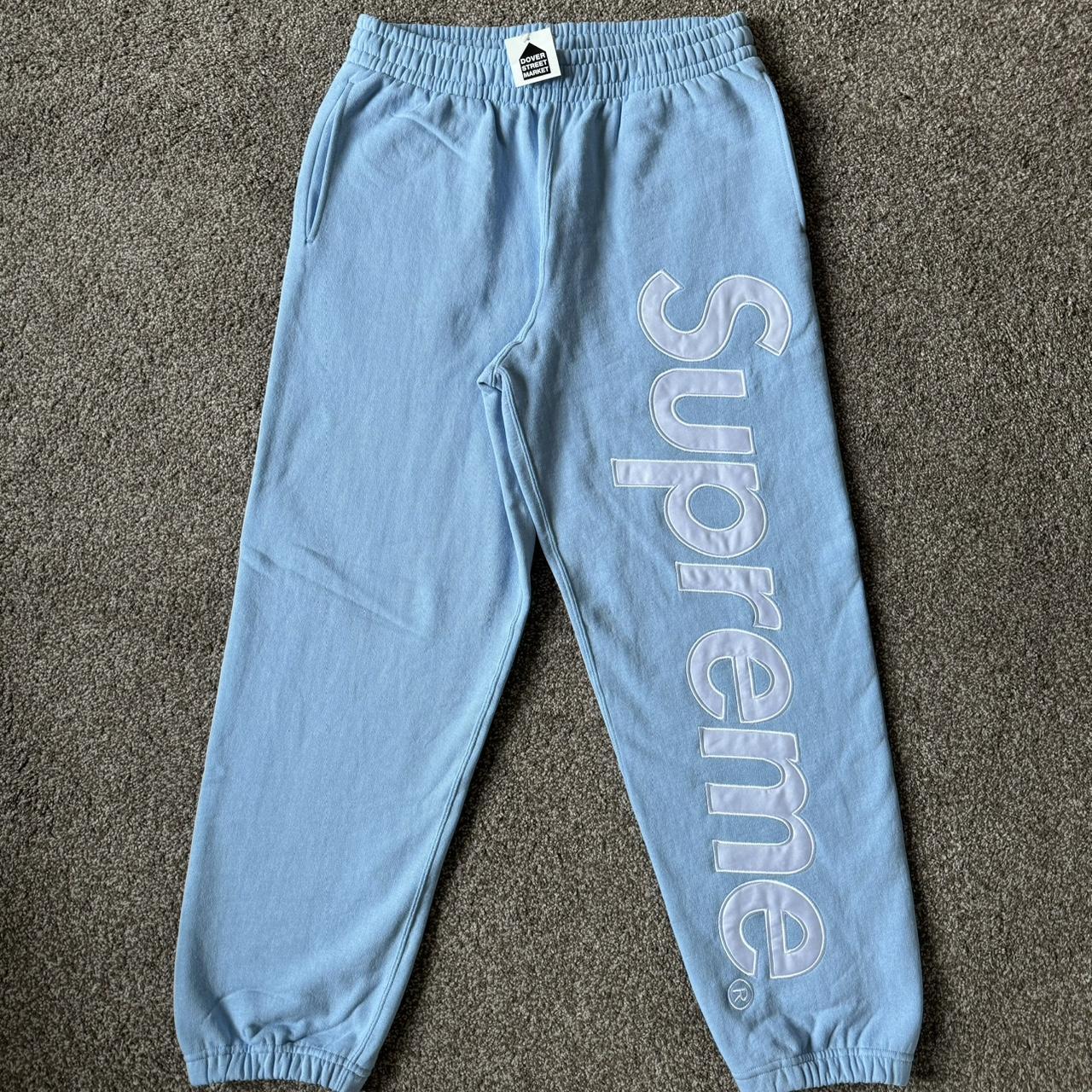 Supreme satin applique sweatpant (Light Blue) Size S - Depop