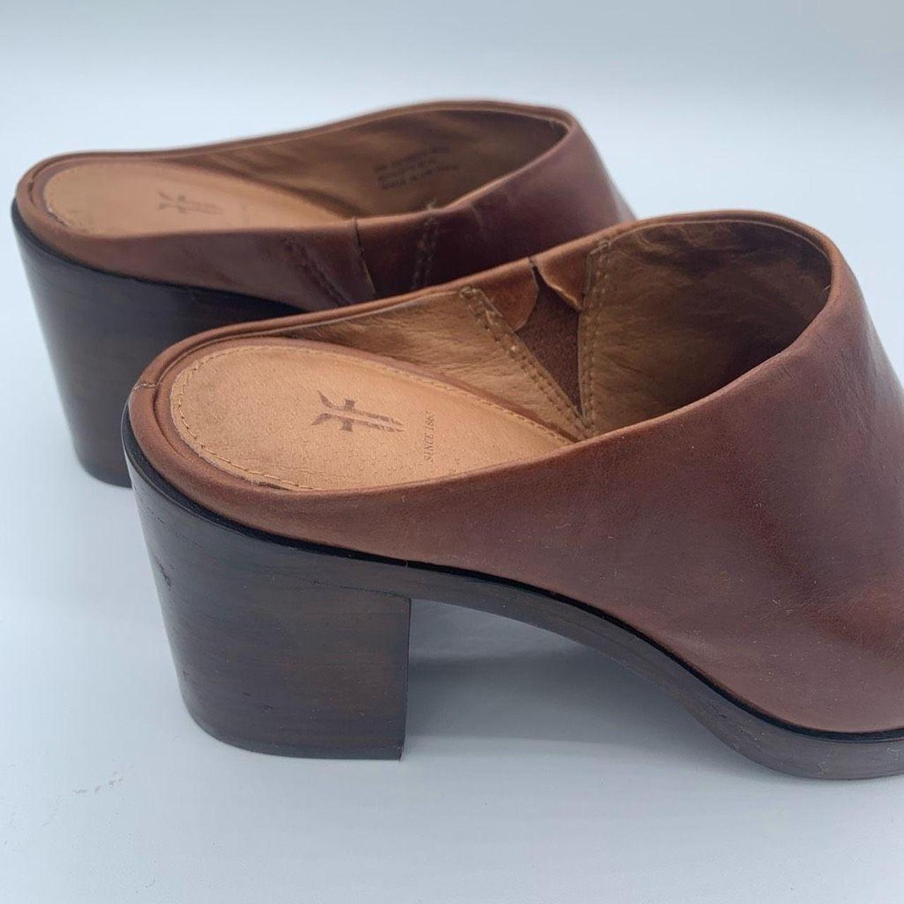 Frye Brown Leather Slip On Joan Campus Mules Block