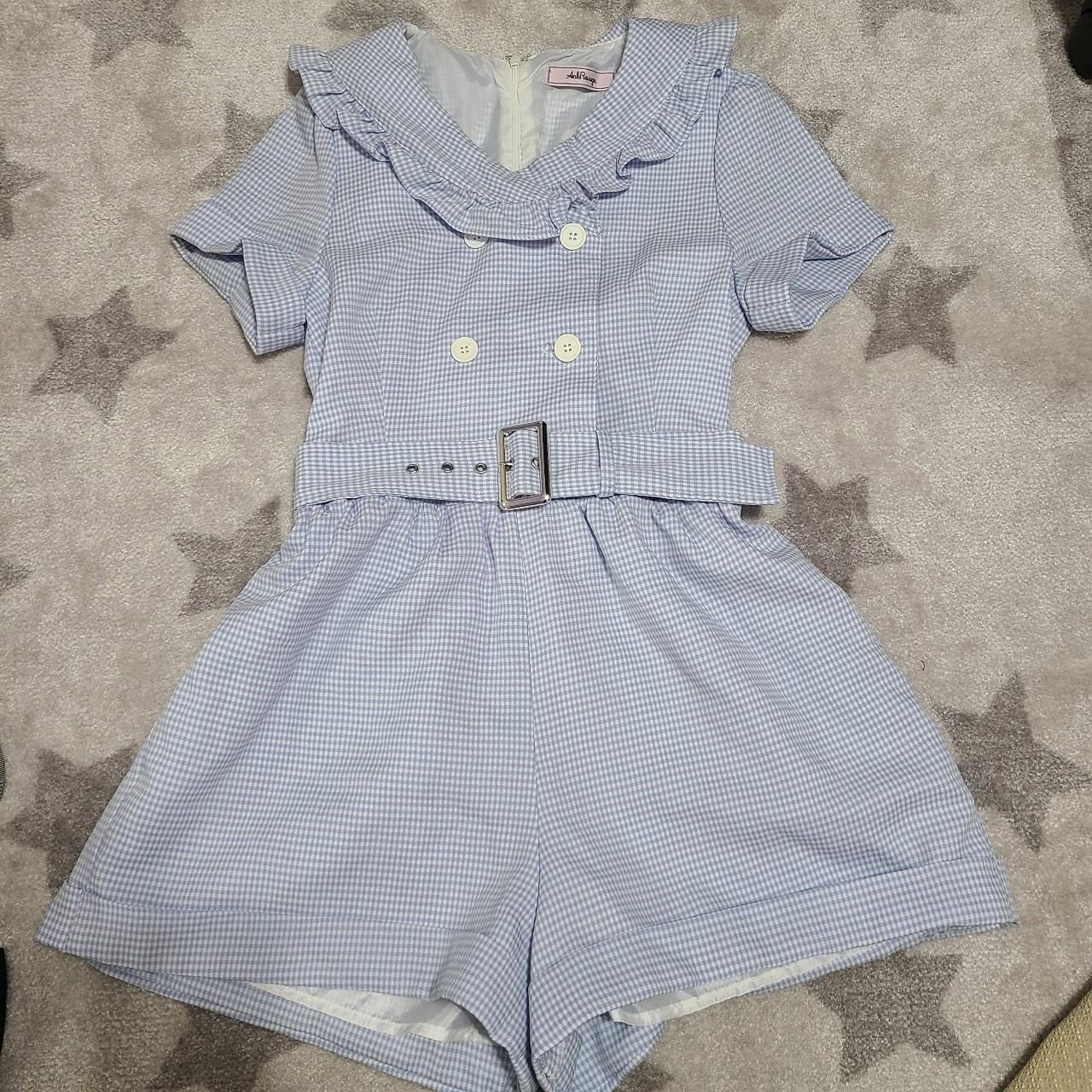 Blue and white gingham checkered ank rouge romper... - Depop