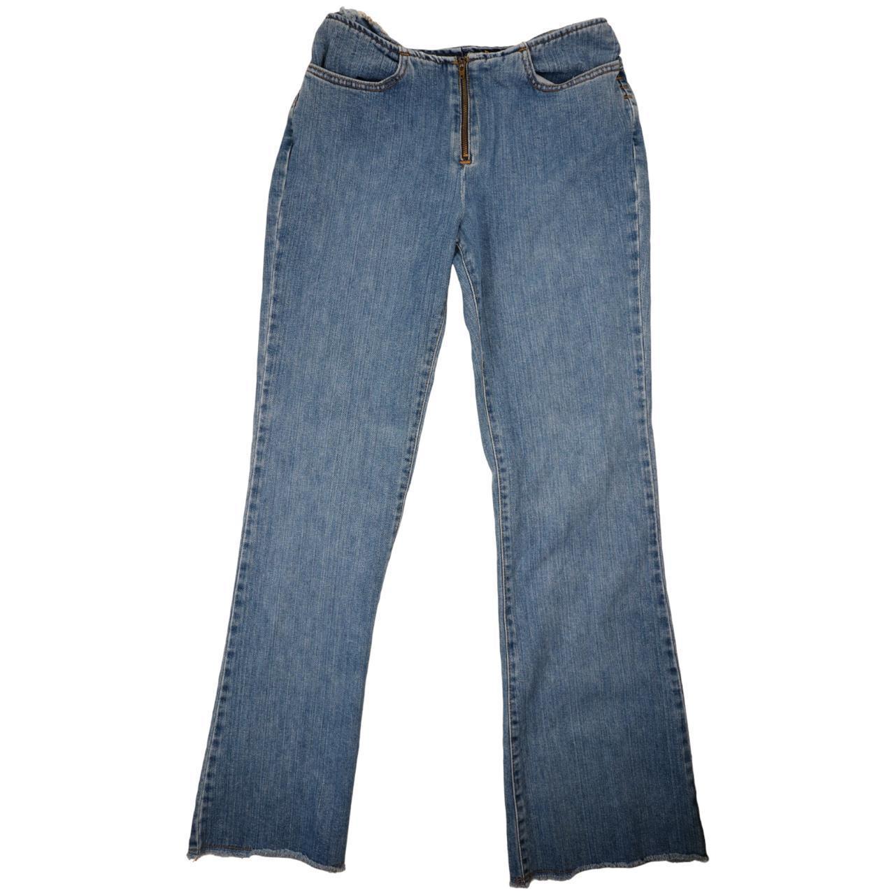 low rise flare jeans Vintage Y2K blue denim raw hem... - Depop