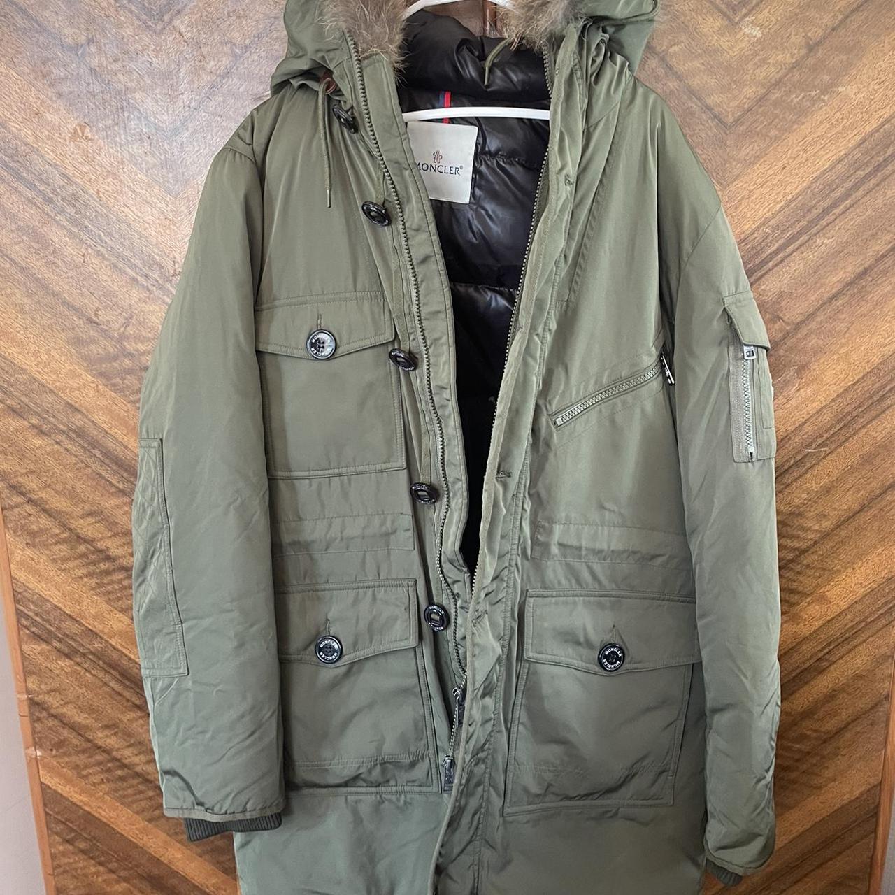 Khaki fur hood moncler jacket, super warm, perfect... - Depop