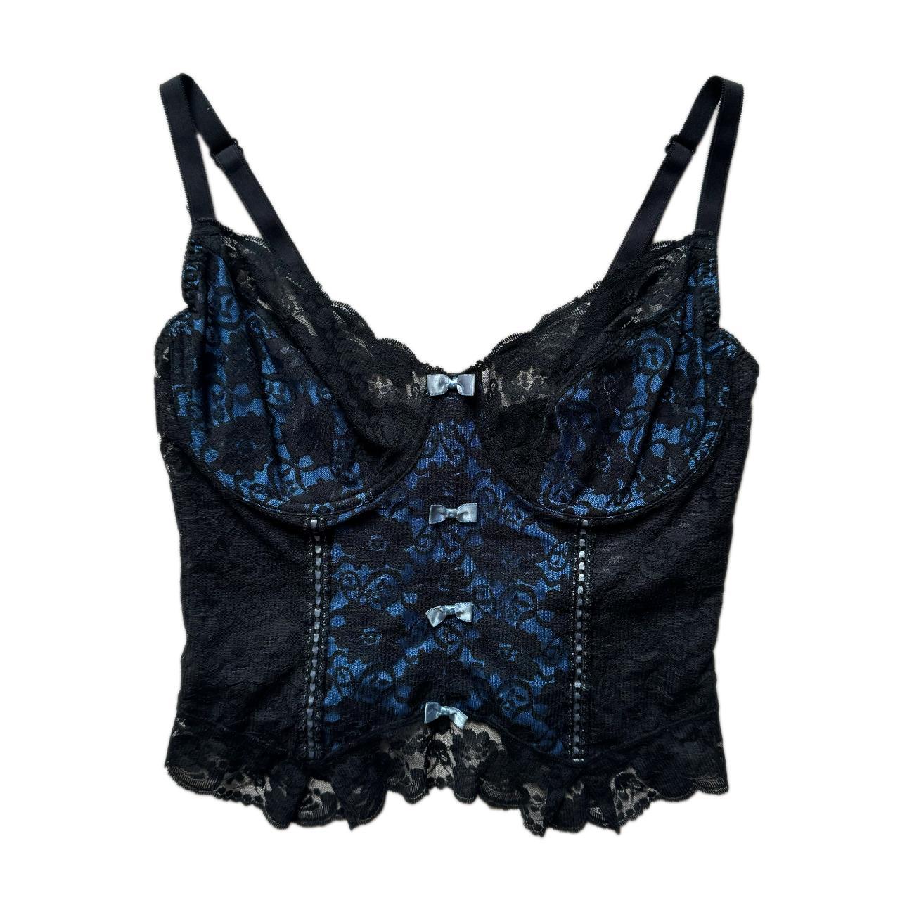 Vintage black blue lace corset lace and bow... - Depop