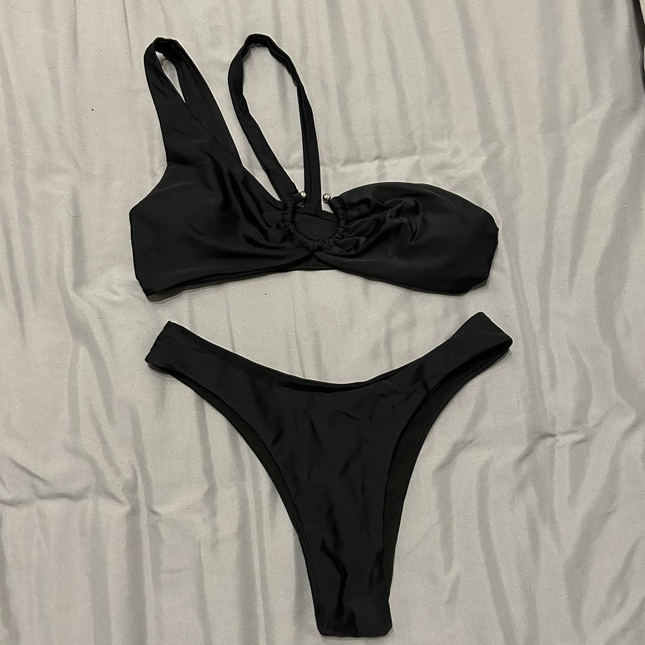 Chic black asymmetrical bikini with metal circle... - Depop