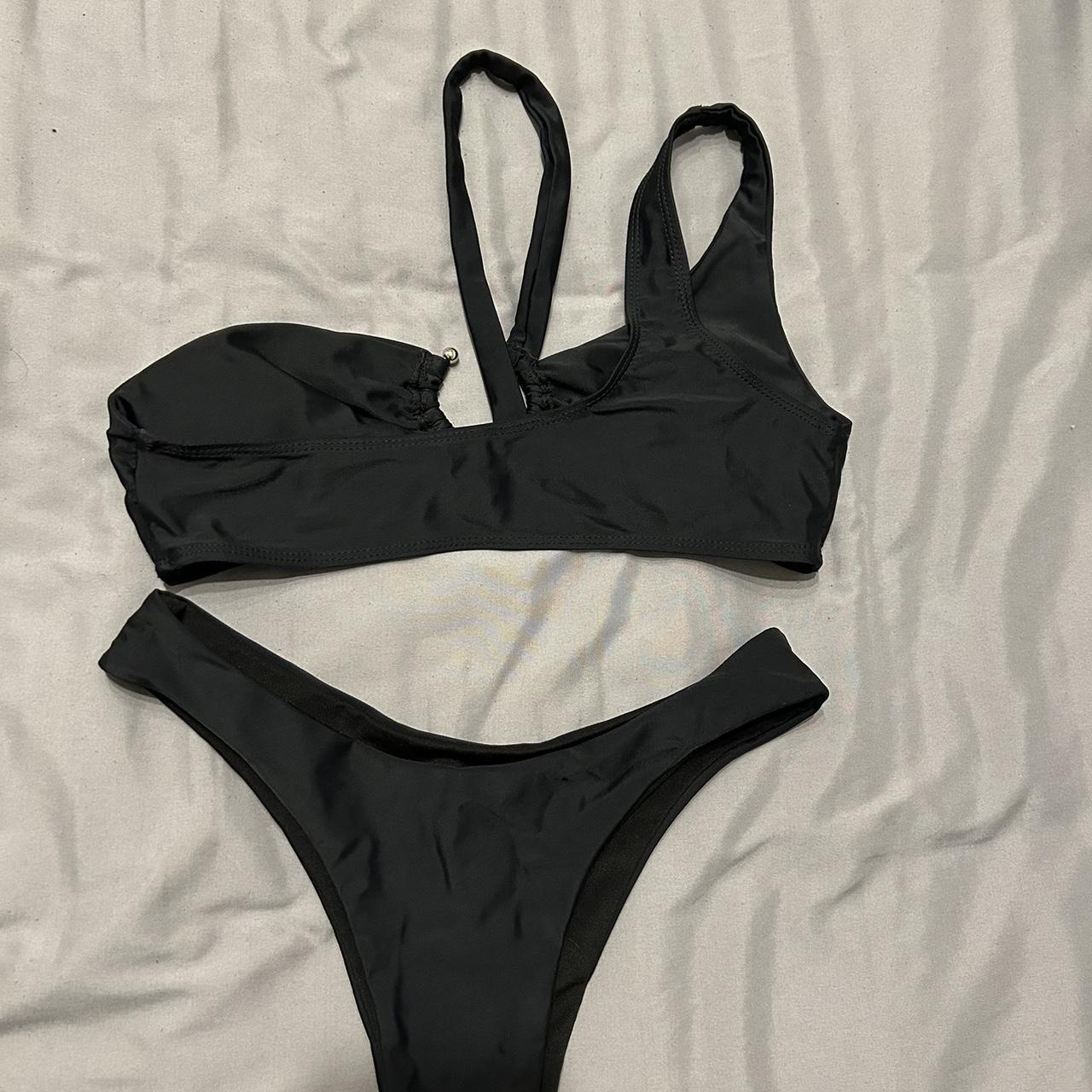 Chic Black Asymmetrical Bikini With Metal Circle - Depop