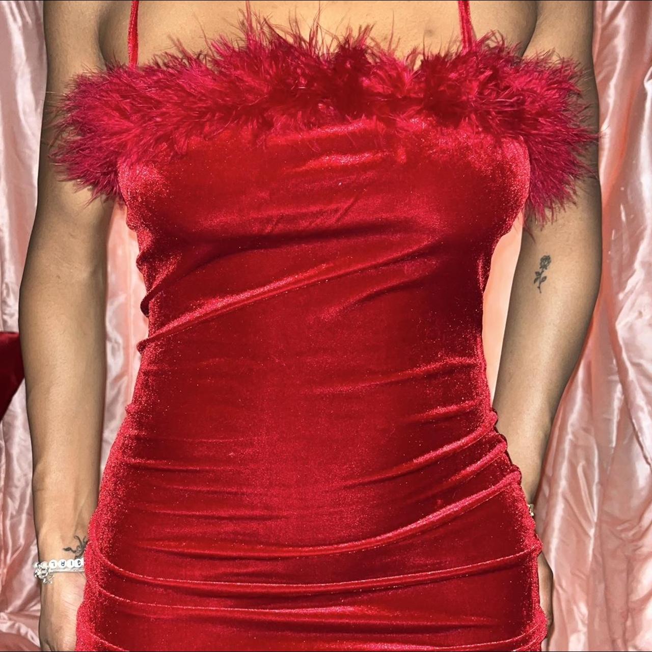 Fashion Nova Velvet red mini dress with fur trim... - Depop