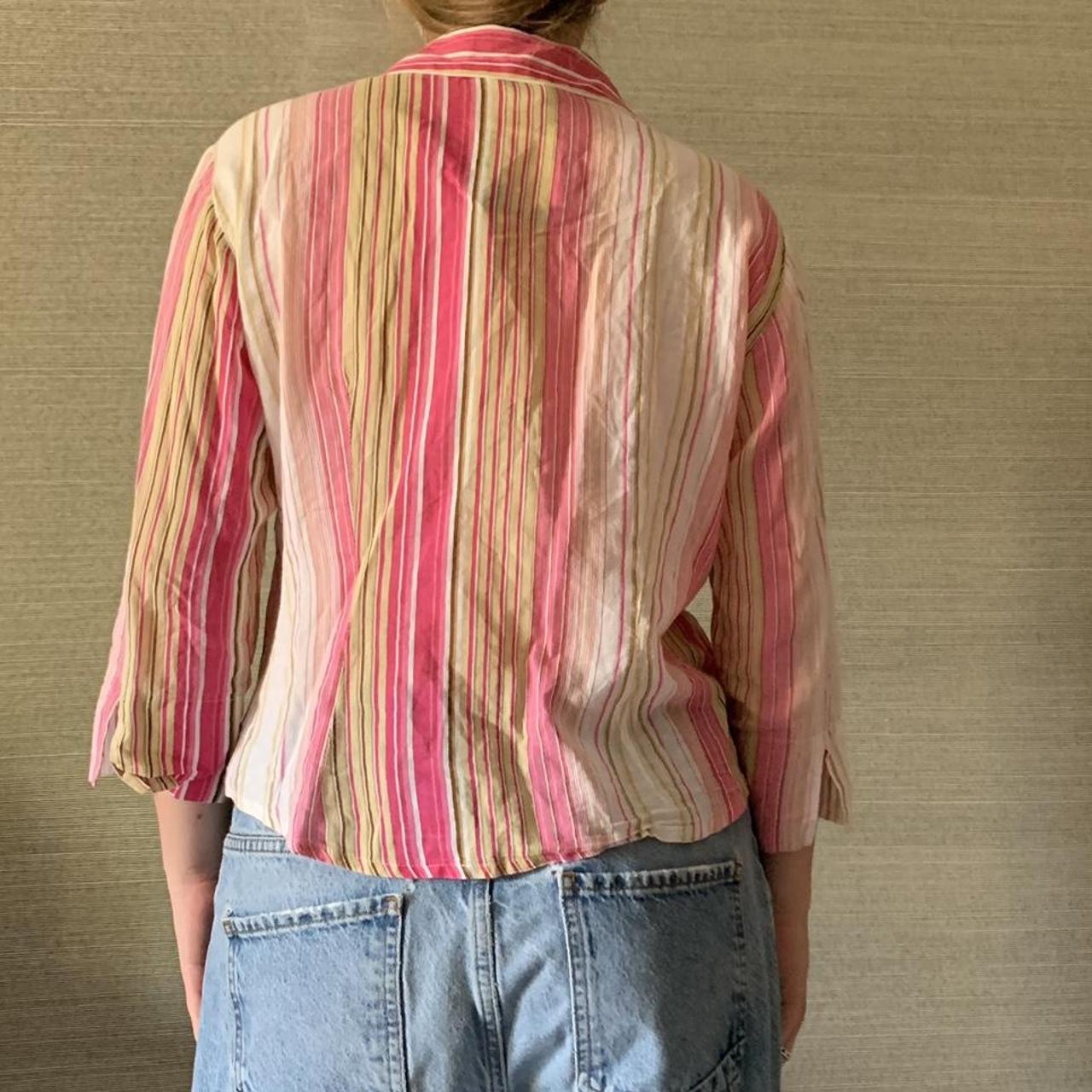 Y2k 90s pink yellow white stripe striped button up... - Depop