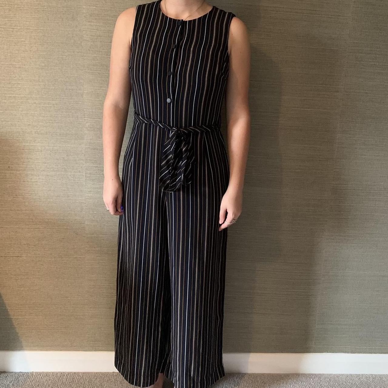 Womens navy blue brown and white stripe jumpsuit. Depop