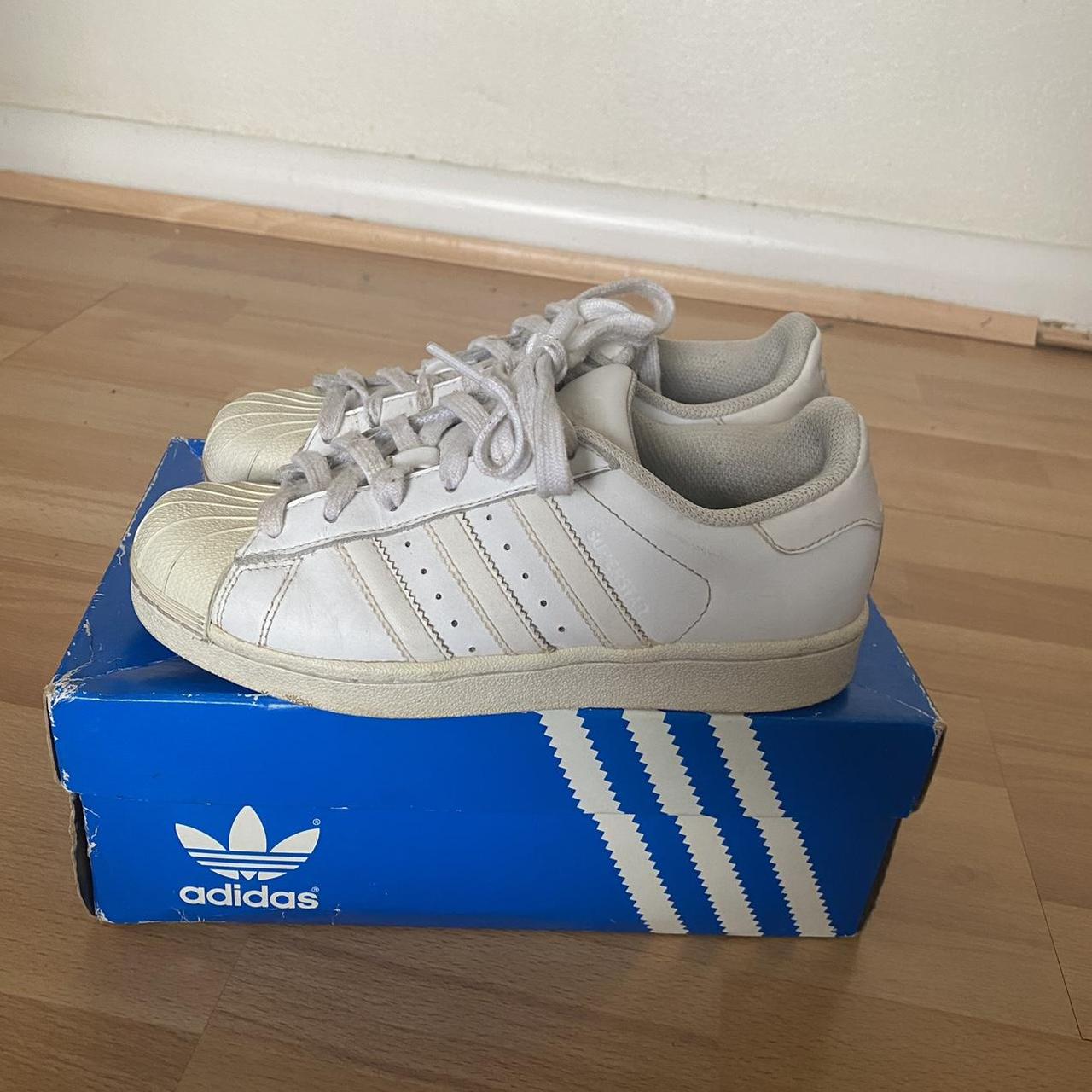 All white adidas superstar Size 3 comes with... - Depop