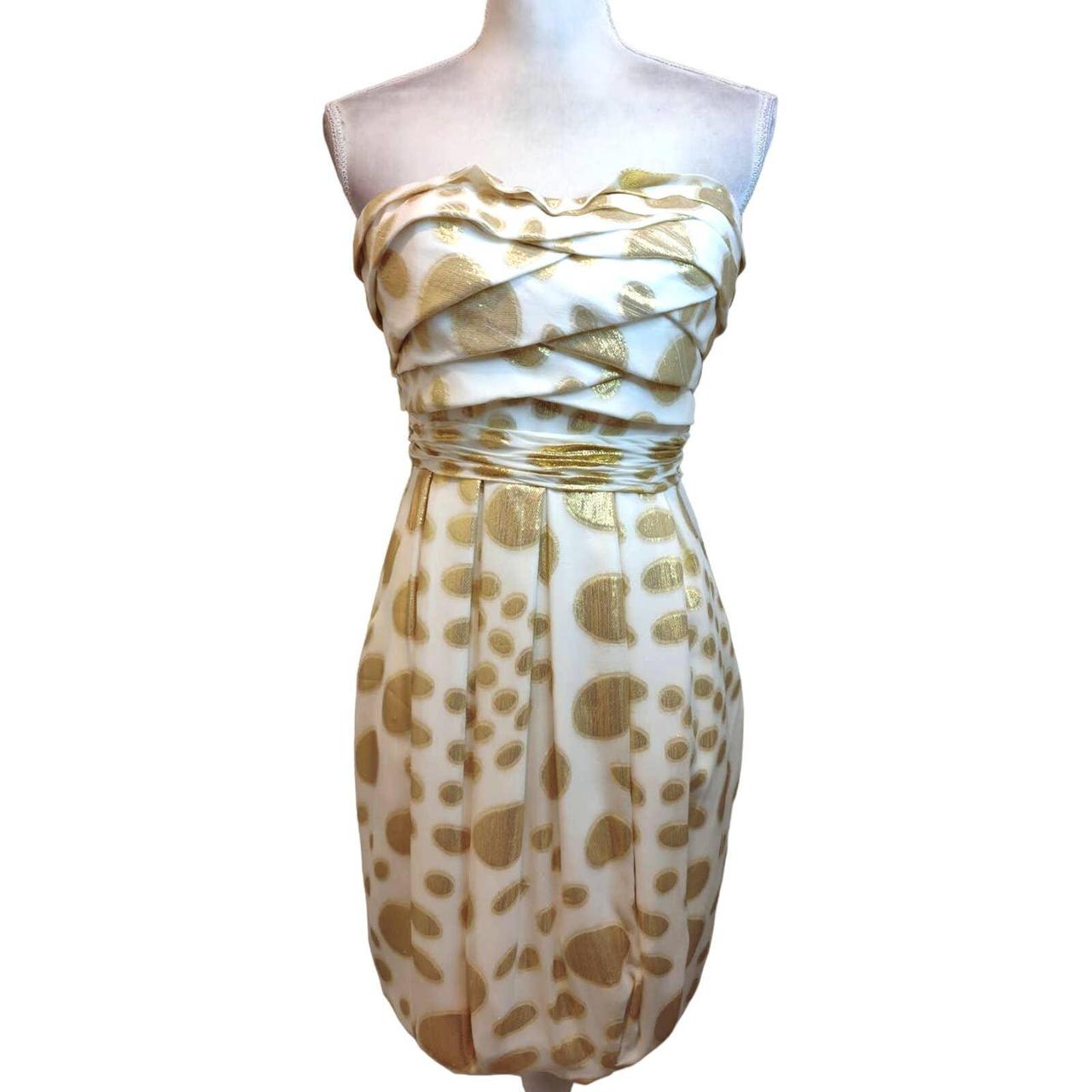 Aidan Mattox strapless silk white gold polka dot