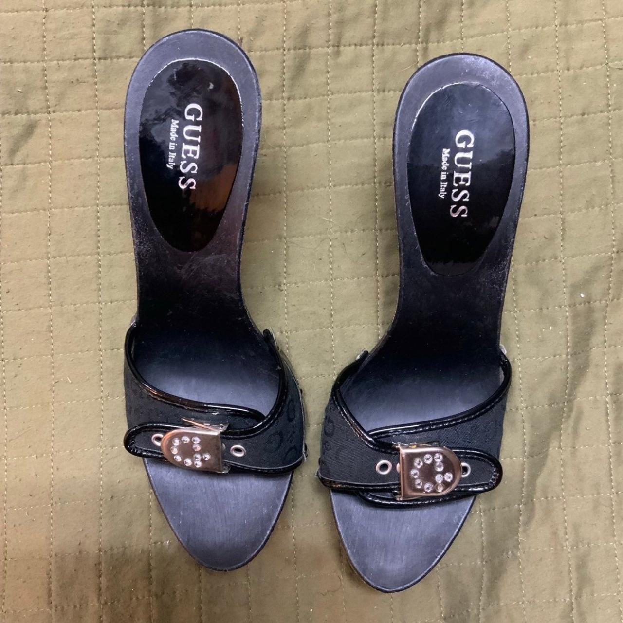 Guess Women's Black and Gold Mules | Depop