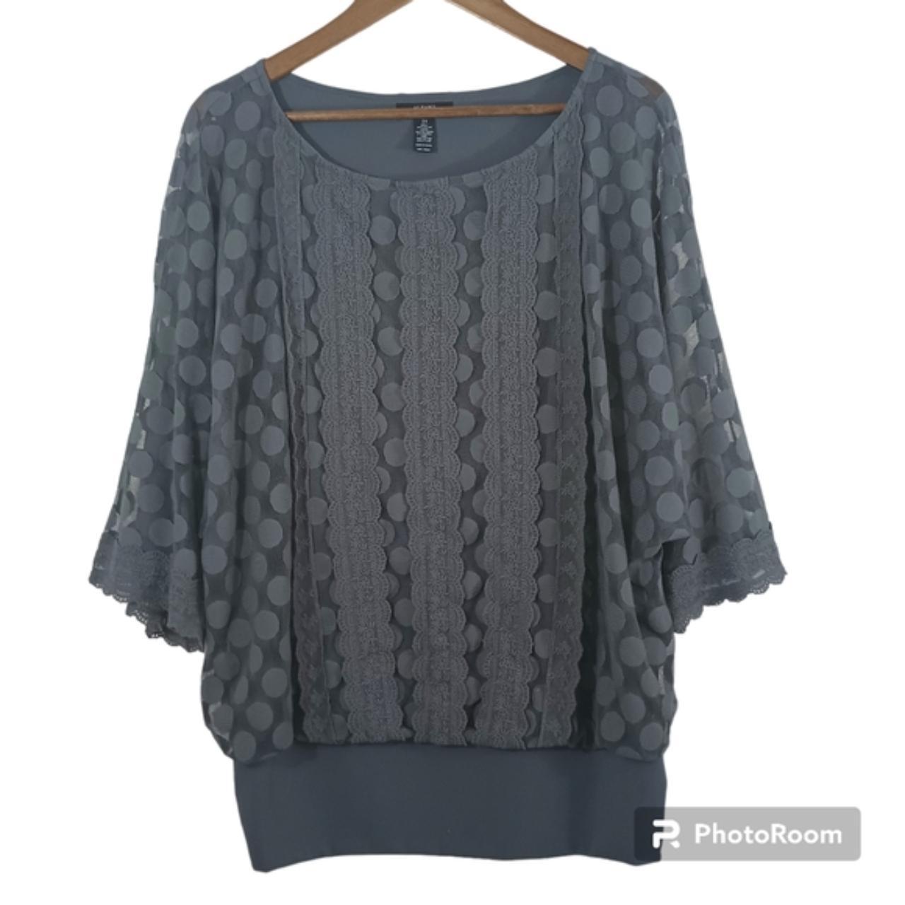 Alfani Grey Polka Dot Lace Dolman Sleeve Top Size... - Depop