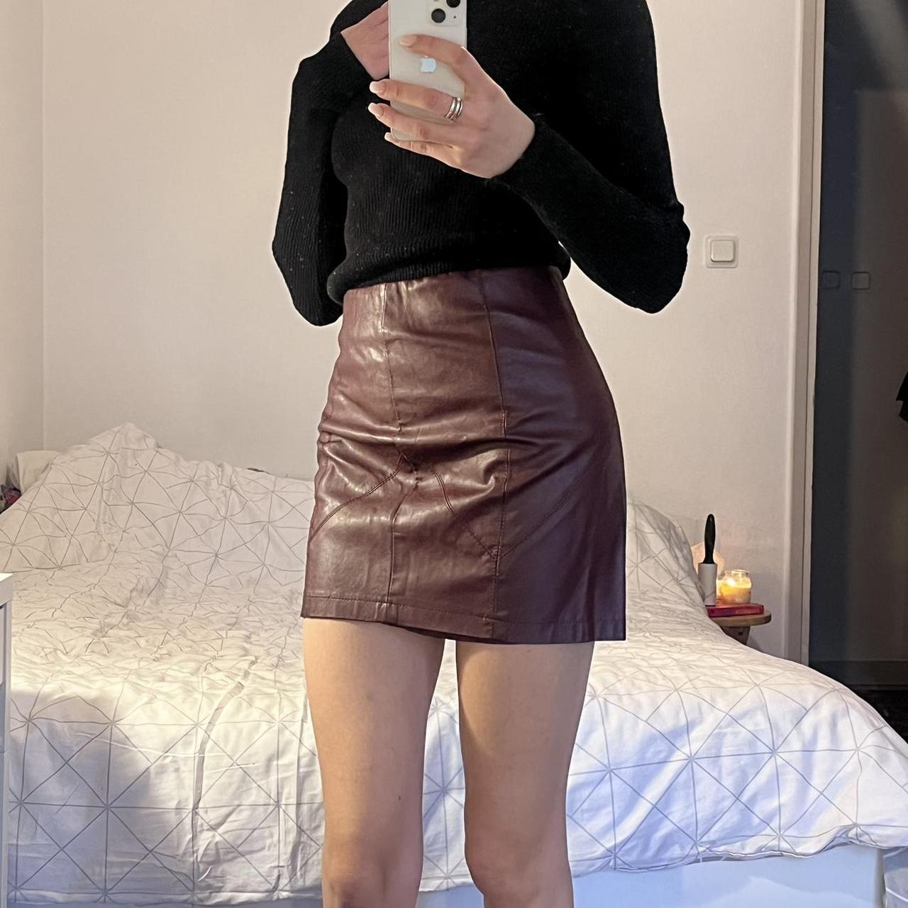 Mid length dark red leather clearance skirt