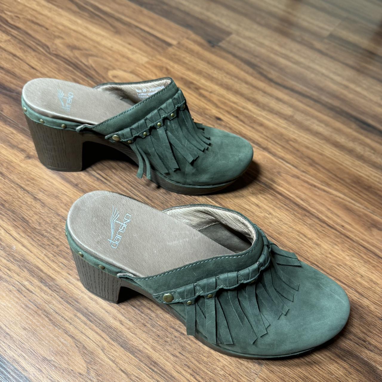 Dansko green leather suede fringe clog heels Size. Depop