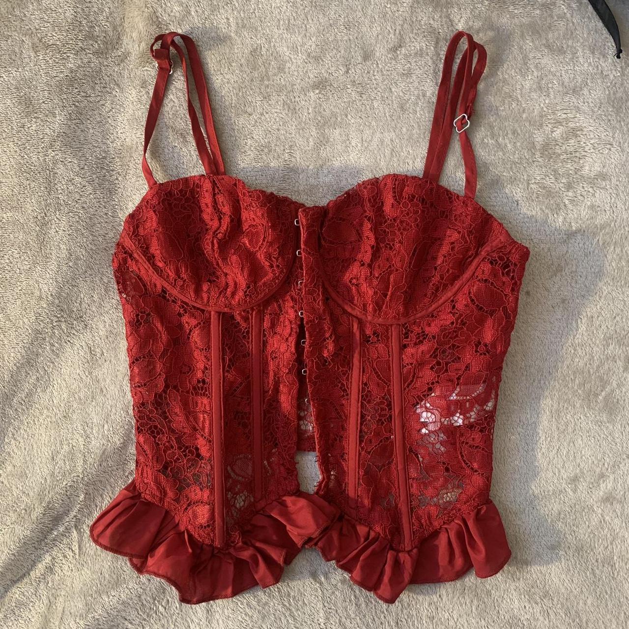 Red lace corset Frill bow detail hook and eye boned... - Depop