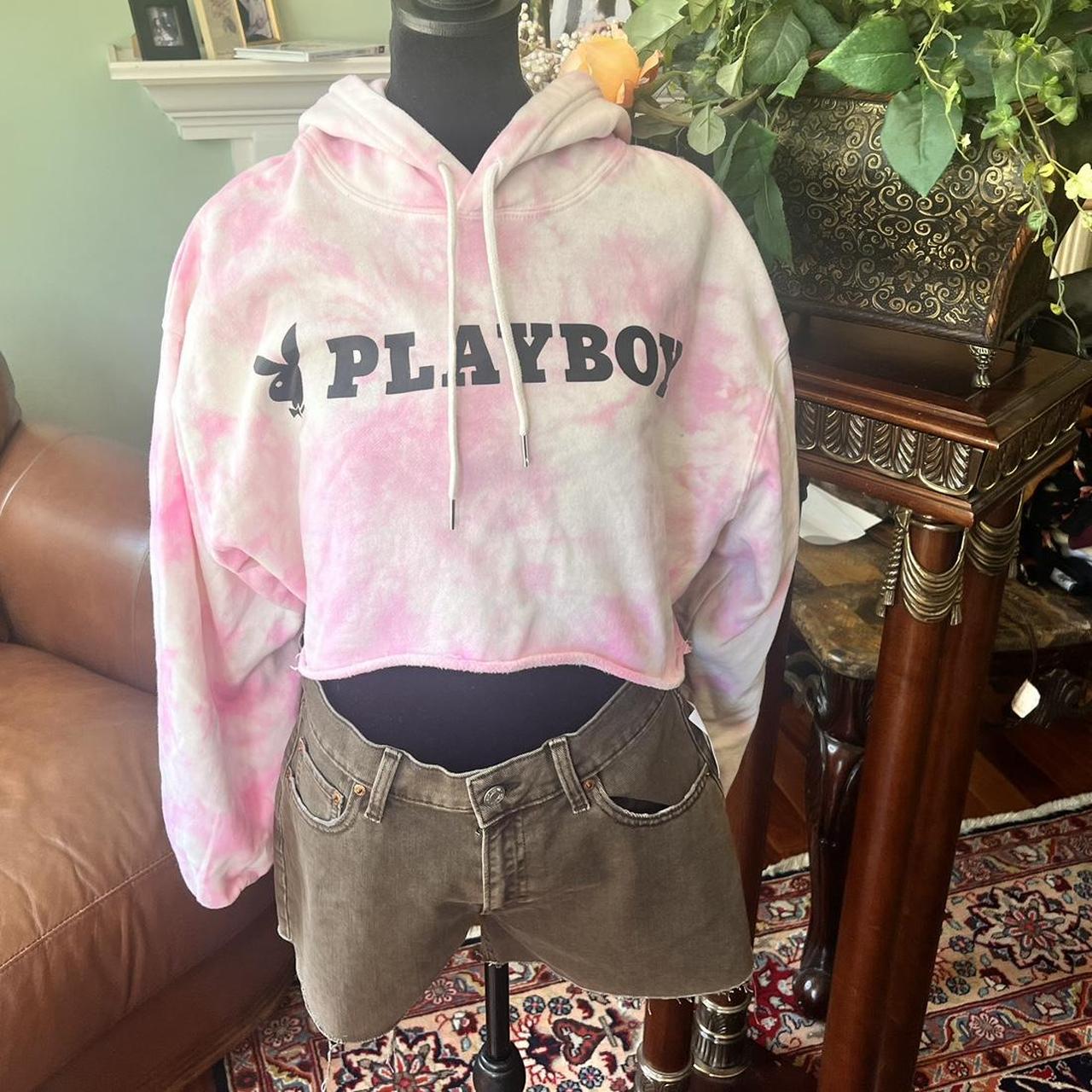 playboy size medium cropped hoodie pink tie dye Depop