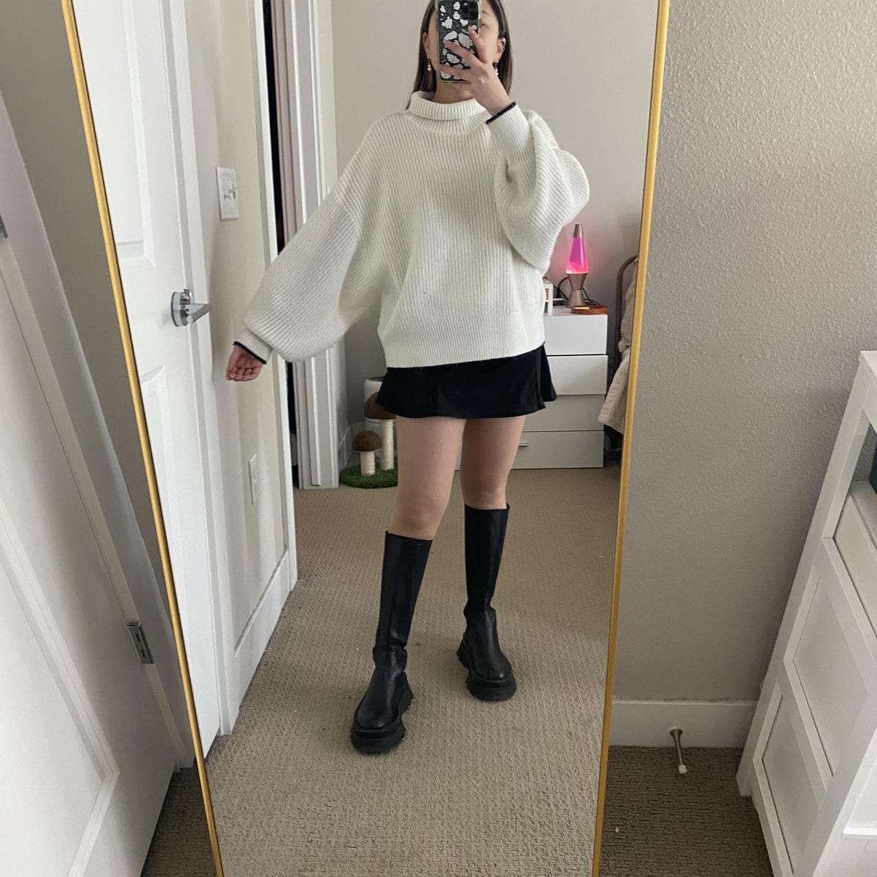 H&M White Turtle neck knit sweater with black... - Depop