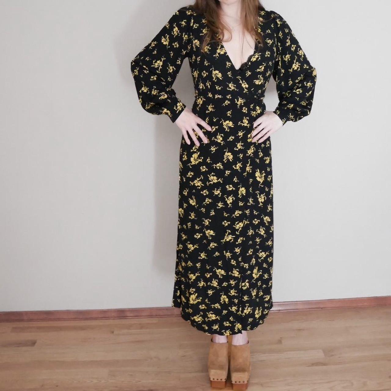 Ganni black and yellow floral crepe maxi wrap dress Depop