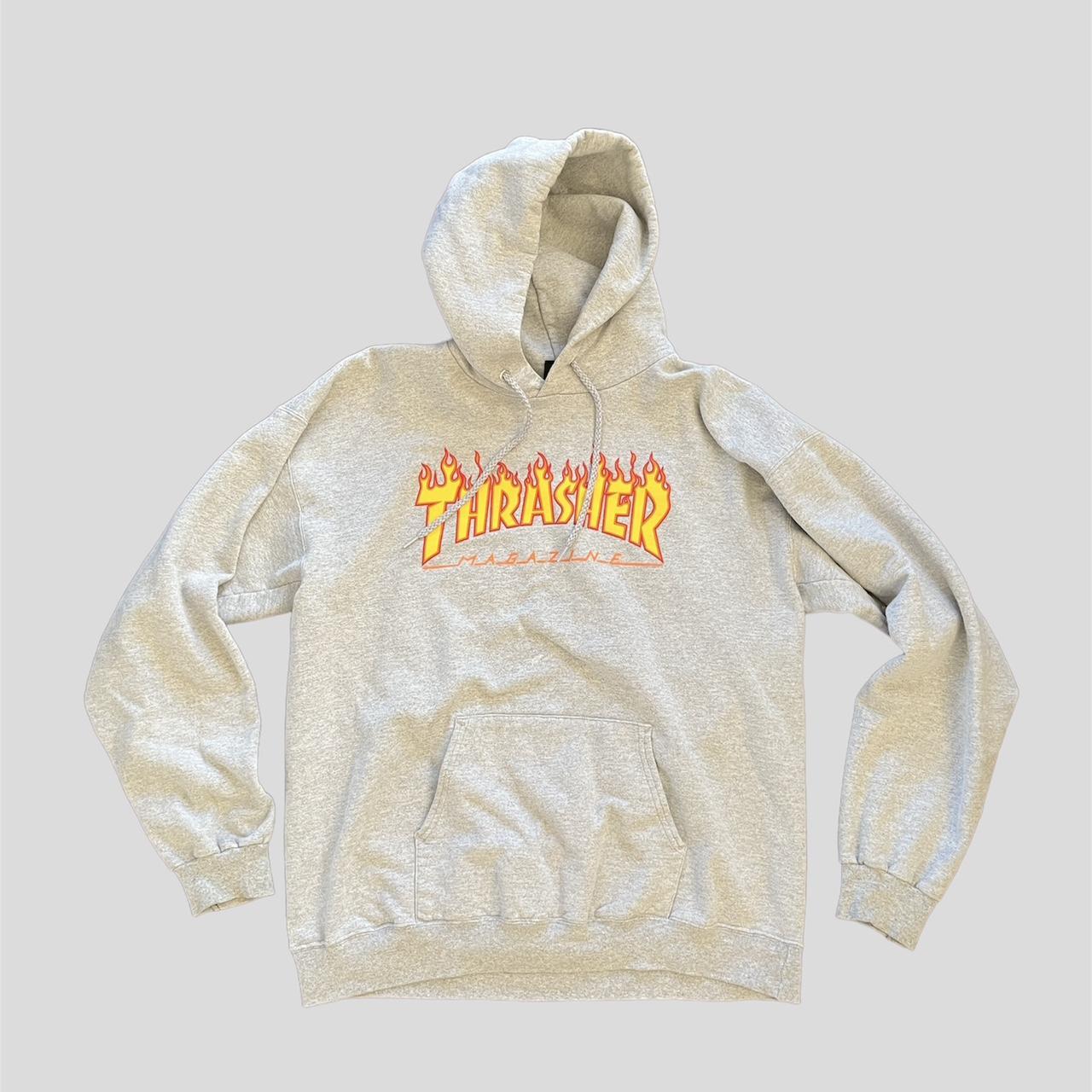 Thrasher Men's Grey and Orange Hoodie | Depop