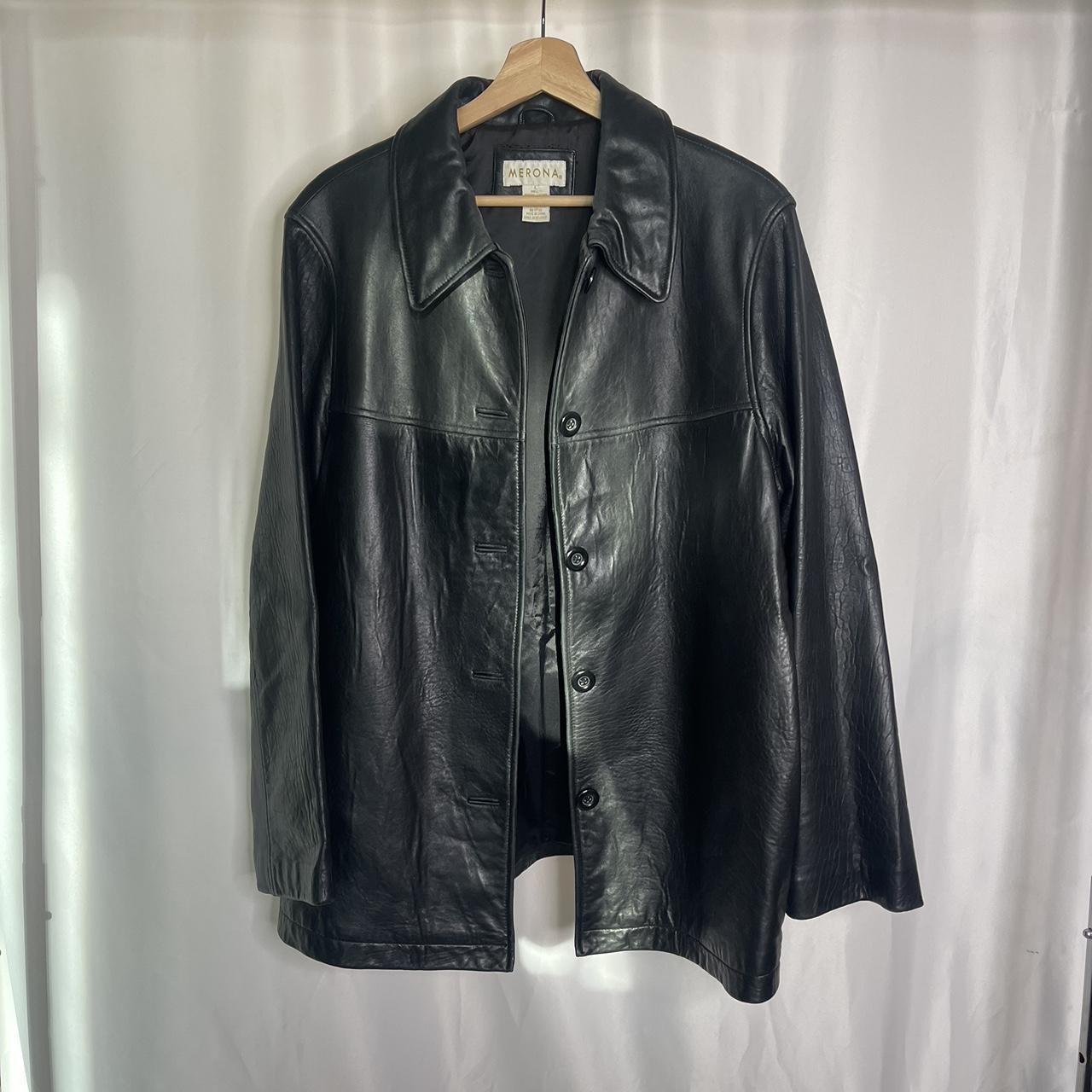 90s Black Leather Blazer Coat Classic boxy shoulder... - Depop