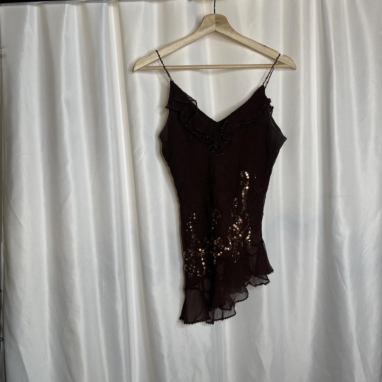 Y2K Silk Beaded Top Size Medium Color:Brown... - Depop