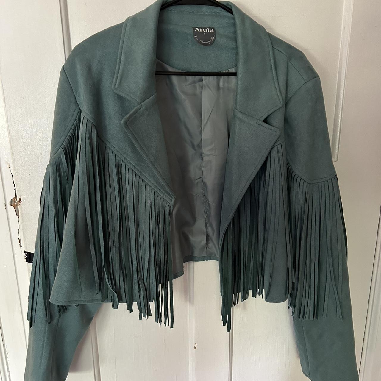 Arula Teal fringe jacket! Worn once and the inside... - Depop