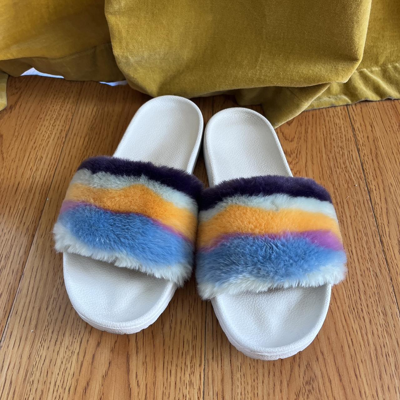 UGG furry rainbow and white slides. Fits 8 9 women. Depop