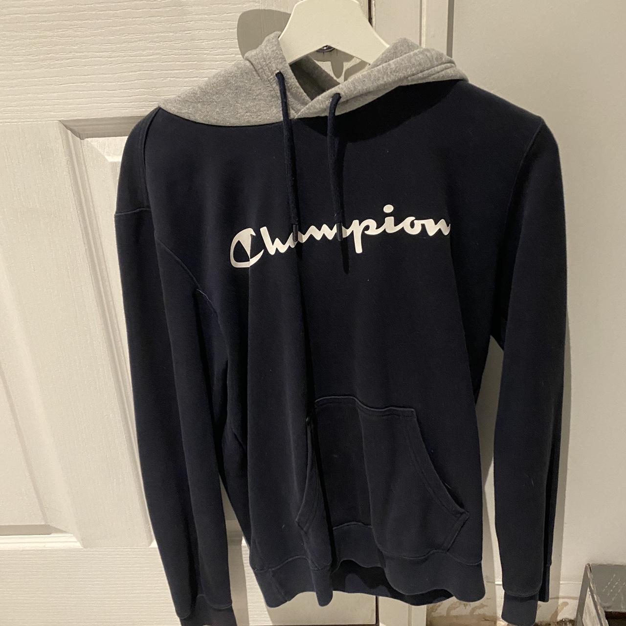 champion navy blue and grey hoodie worn many times... - Depop