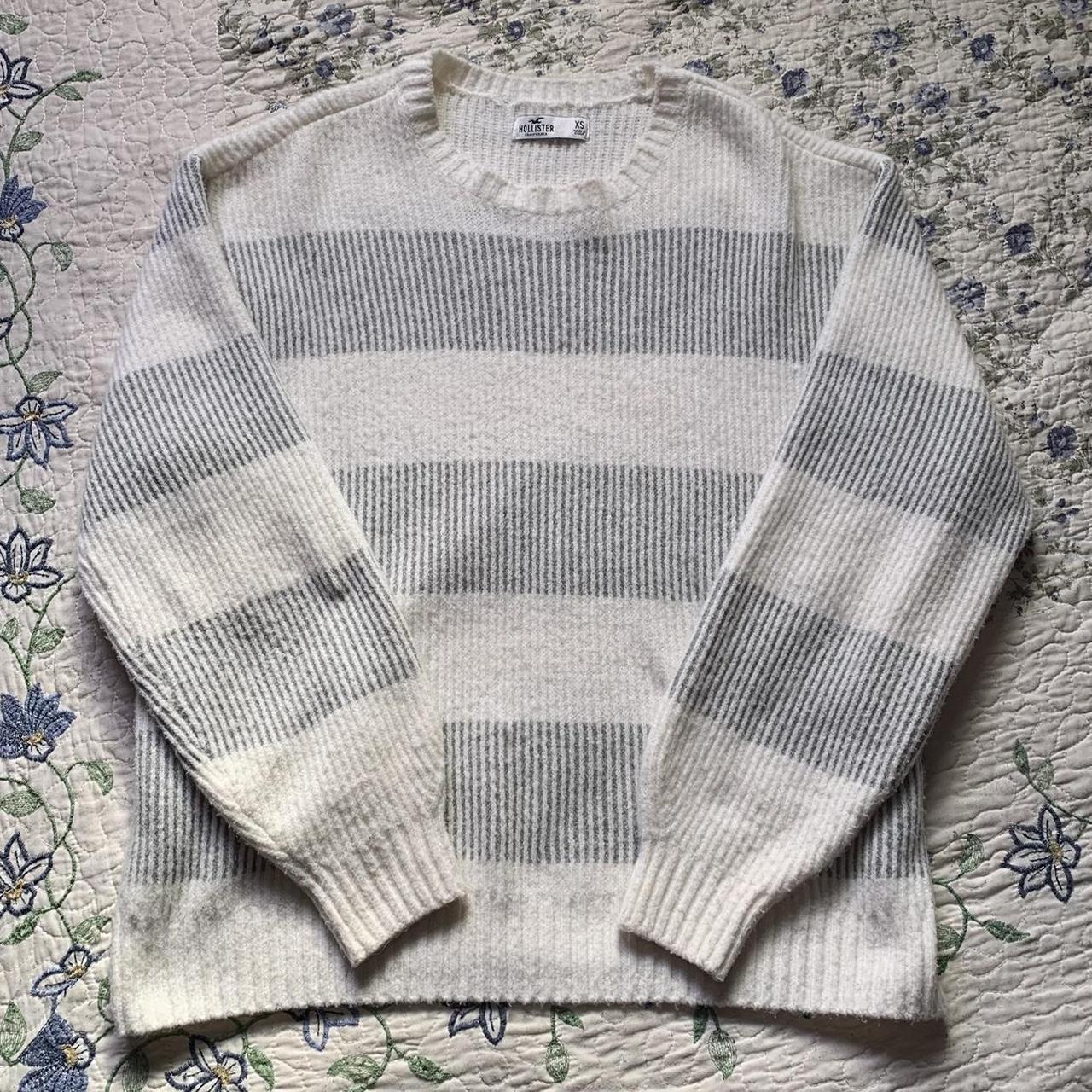 Hollister grey & white striped oversized crewneck... - Depop