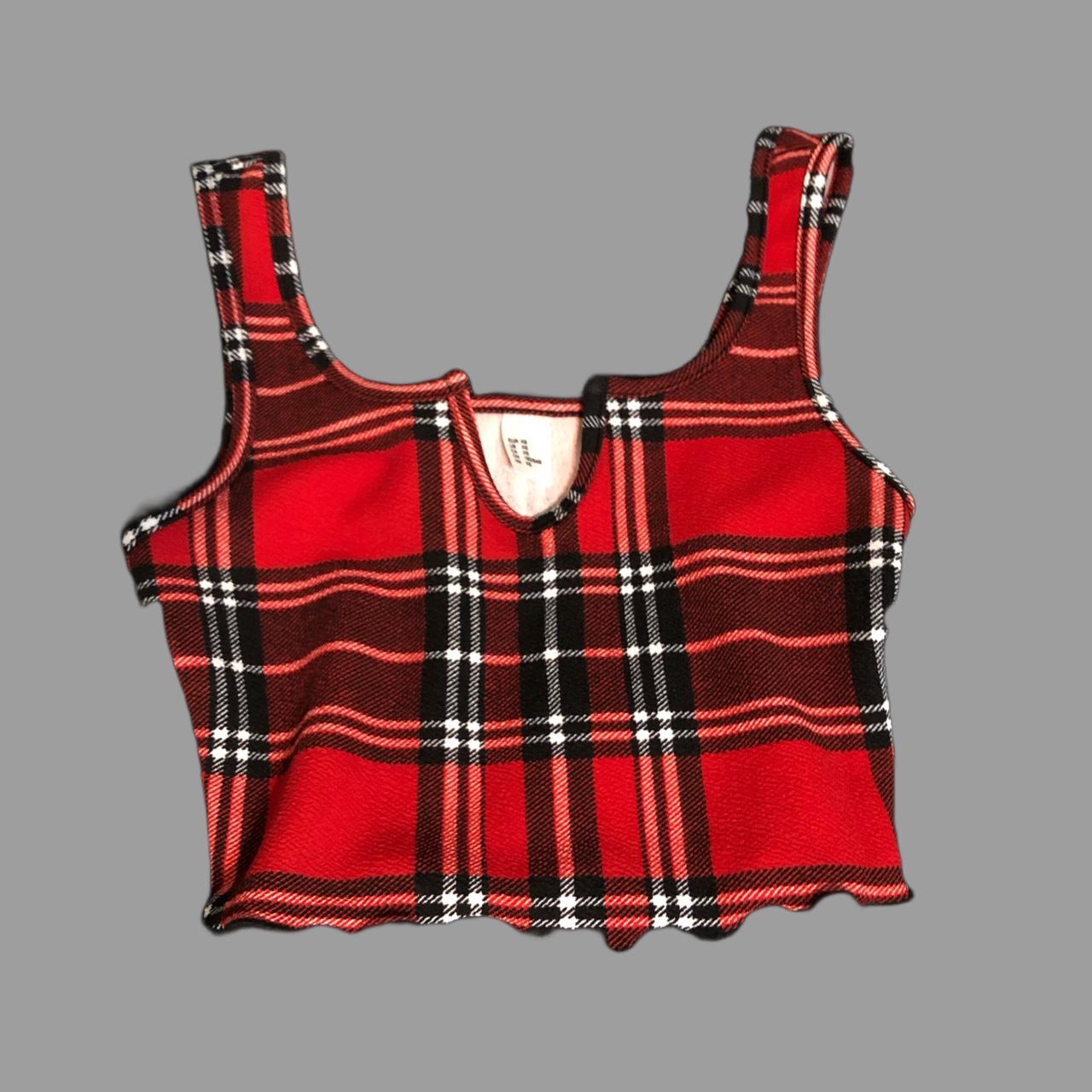 Red & black plaid cropped tank top Size xs Pit to... - Depop