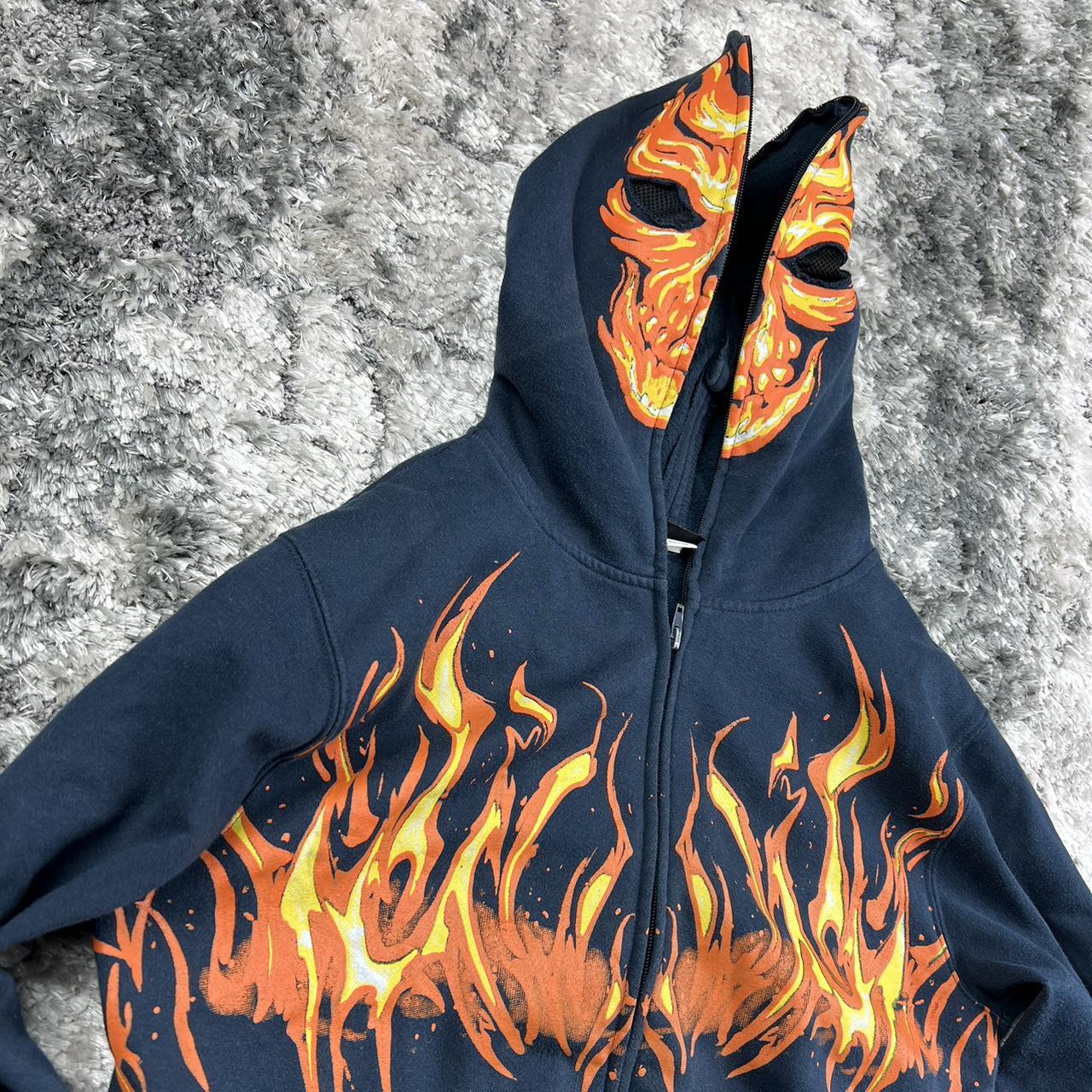 Vintage shops navy blue orange flame skull zip up hoodie