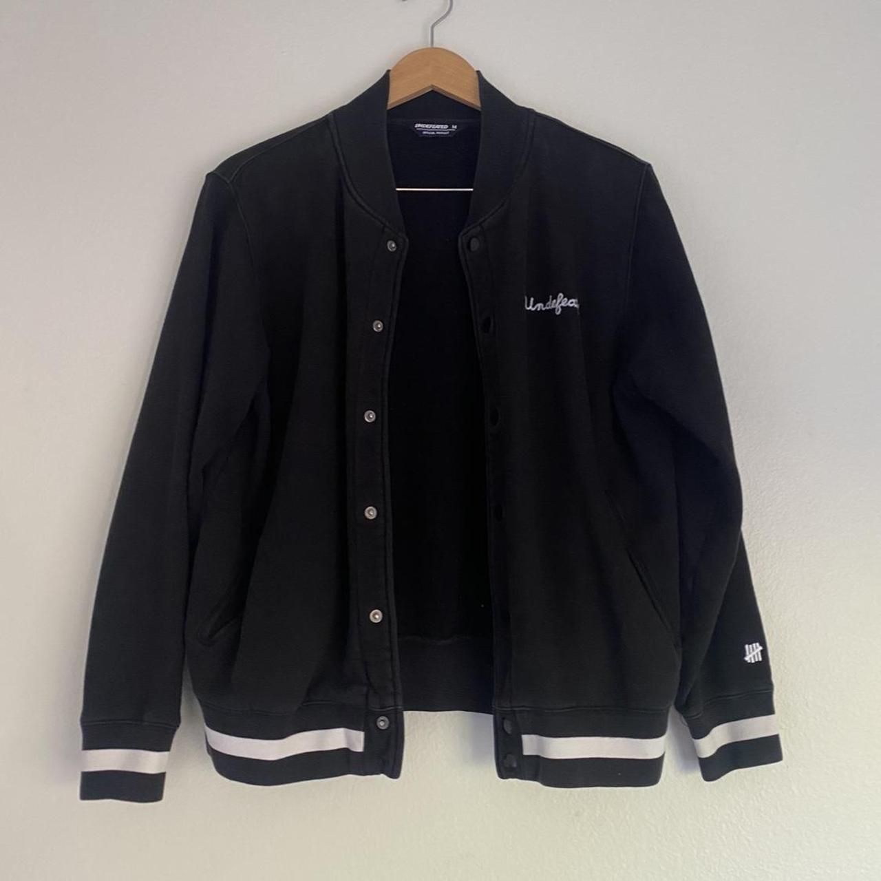 White stussy-varsity-jacket - Depop
