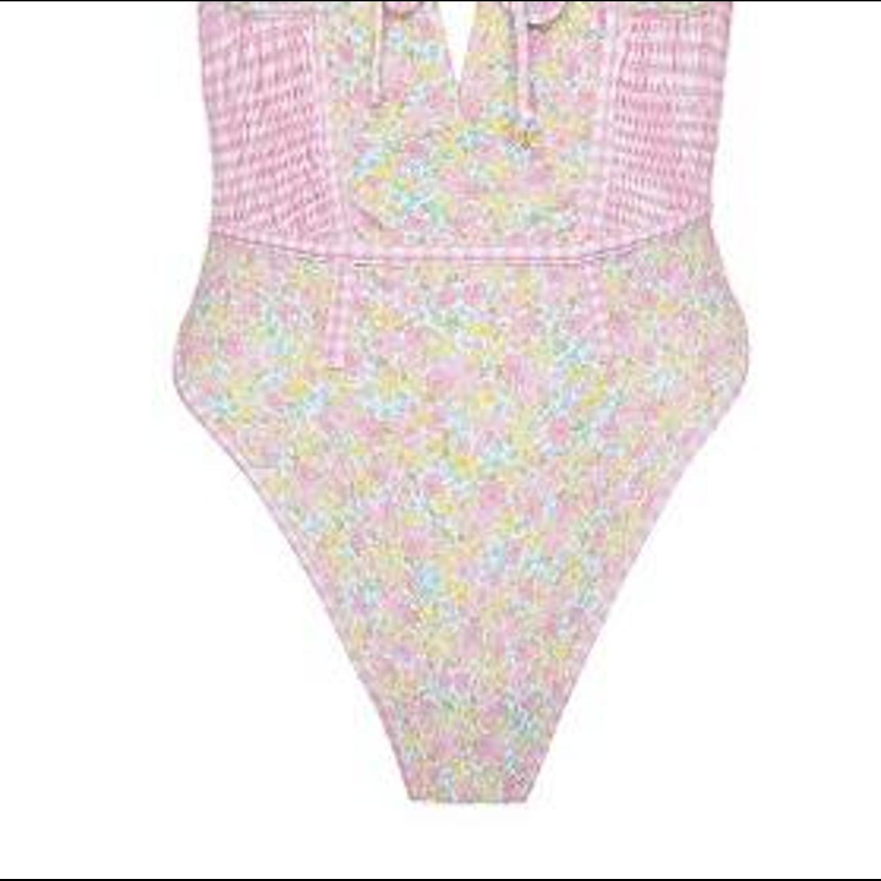 For Love & Lemons Women's Pink and White Swimsuitonepiece Depop