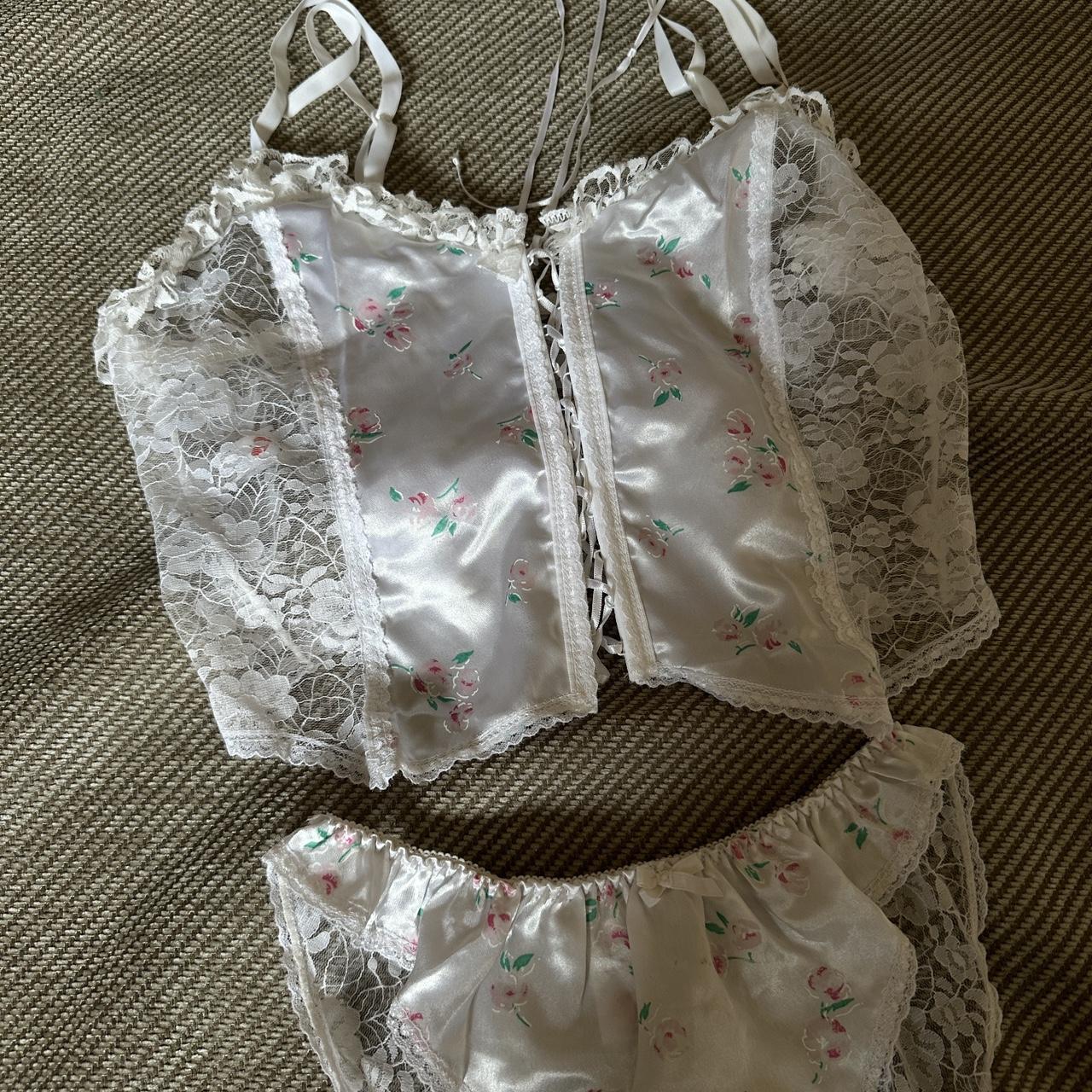 White lace lingerie set with dainty little flowers... - Depop