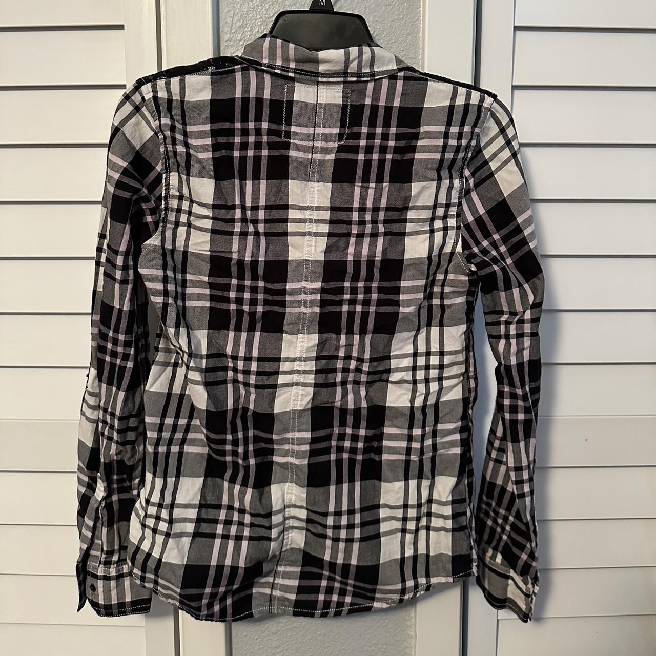 black, white, and lavender plaid top with crochet... - Depop
