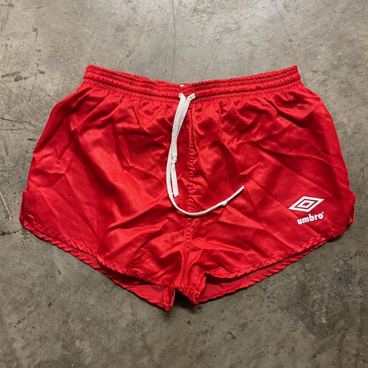 umbro vintage 80s red nylon shorts tagged mens 34... - Depop