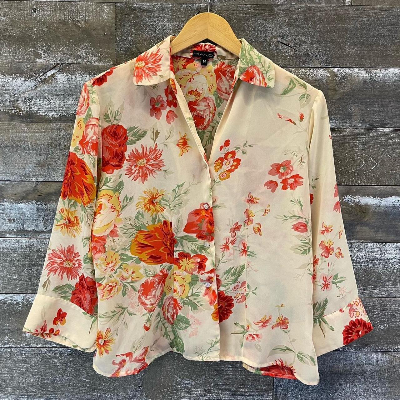 cute vintage see through piano floral button down... - Depop