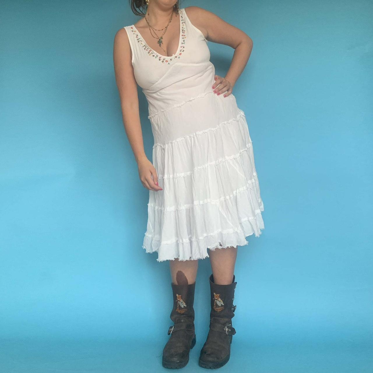 VINTAGE WHITE MIDI DRESS linen knee length layered... - Depop