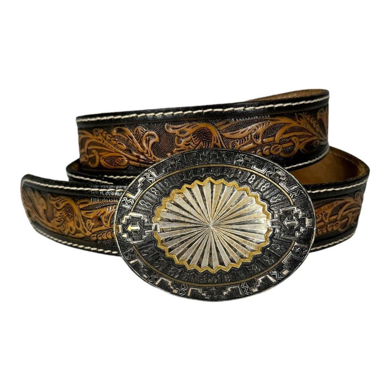 Vintage Crumrine Belt Buckle Tooled Leather Western - Depop