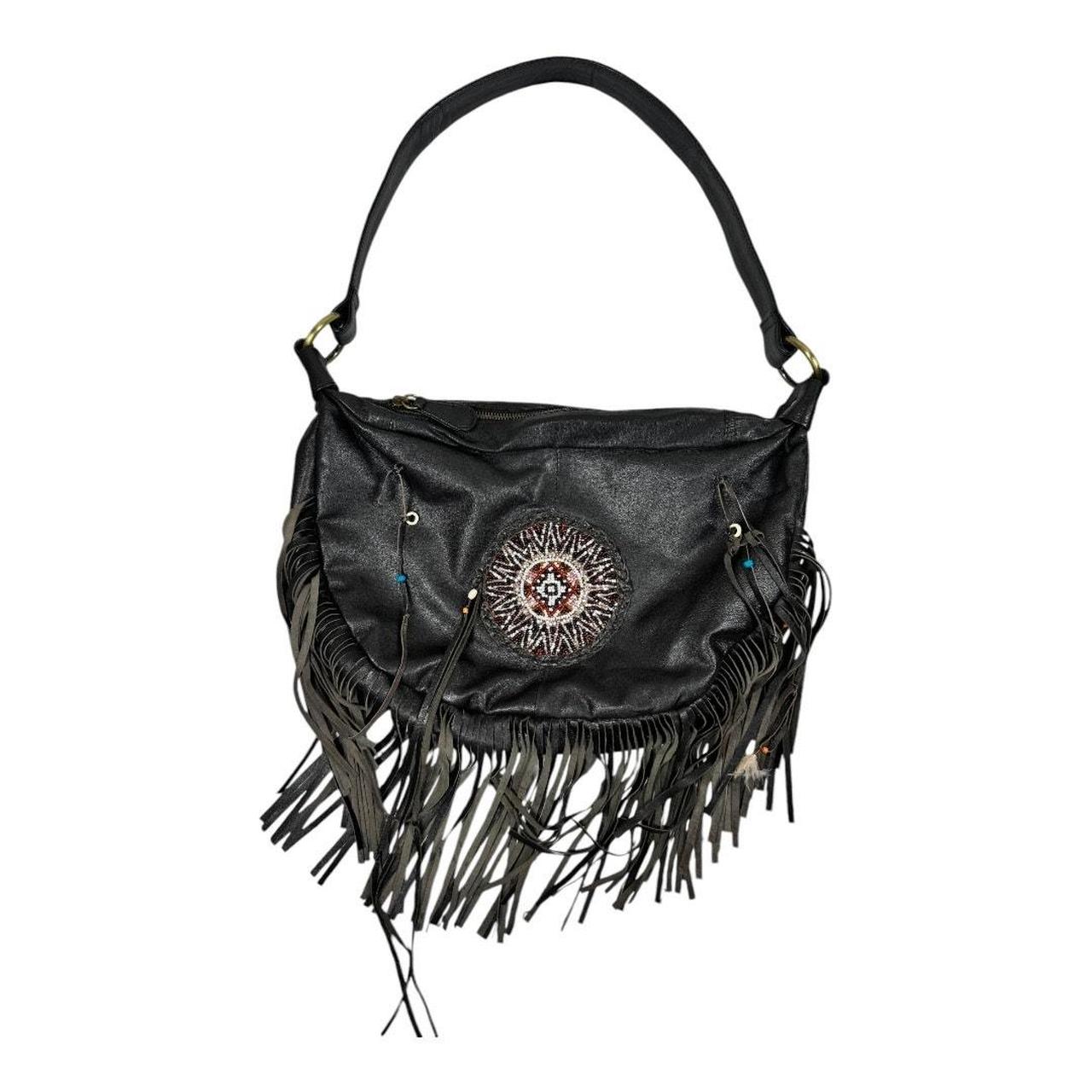 Fringed leather cowboy beaded tote shops purse