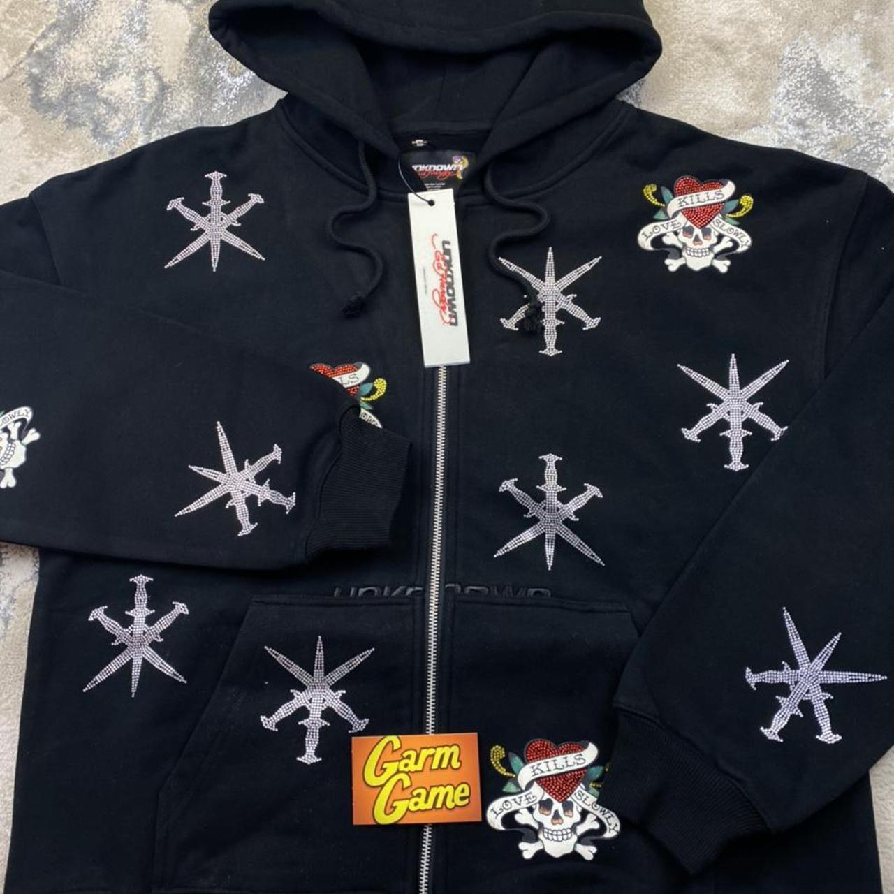 UNKNOWN LONDON x ED HARDY- black Rhinestone zip-up... - Depop